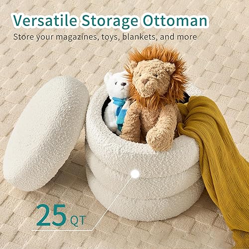Miniatura 4 de Otomana Redonda con Almacenamiento para Sala de Estar Pequeño Taburete de Bouclé Reposapiés Moderno Tapizado Taburete de Tocador Otomana Reposapiés
