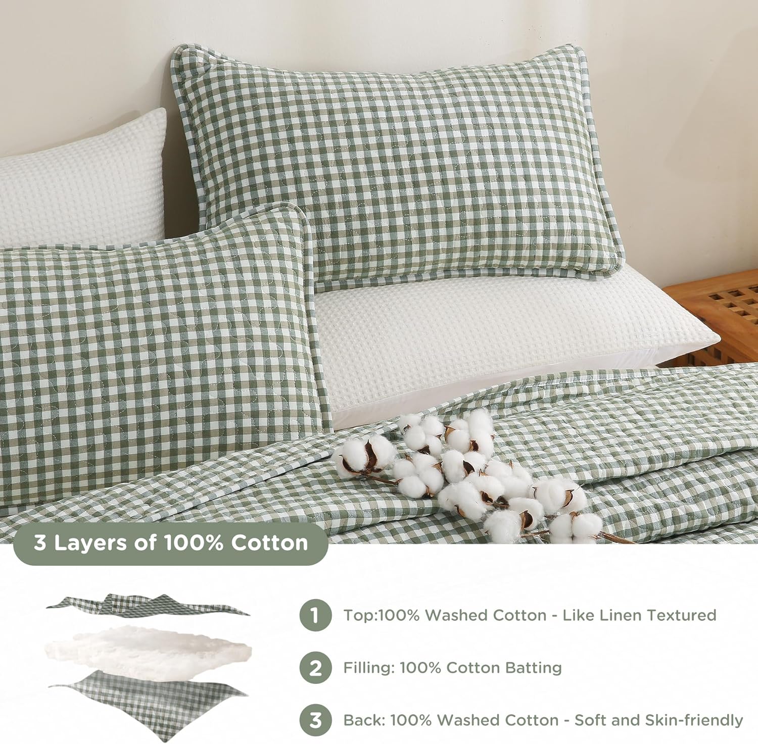 TOCOMOA Green Brown Gingham Quilt Bedding Set 100% Washed Cotton Bedspread Coverlet Like Linen Feel Soft Comfy Breathable 3 Pcs Plaid Checkered Lightweight Comforter Set for All Season, Queen 96"x90"