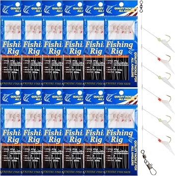 Fishing Bait Rigs Saltwater, 12 Packs Surf Fishing Lure Bait Rigs Set with Fish Skin Glow Beads String Hooks Swivels Mackeral Herring Baitfish Sea Bass Rigs
