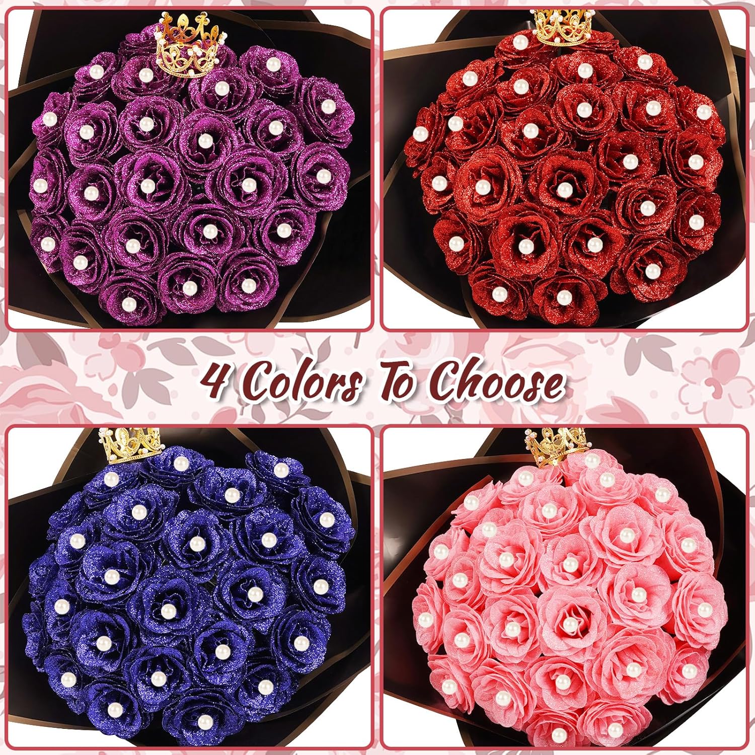 25 Pcs Red Glitter Roses Bouquet,Valentine's Day DIY Artificial Bouquet of Shiny Red Faux Rose Flowers Bouquet,for Wedding Bouquet Centerpiece Floral Arrangement Bride Shower Party Home Decor - Image 7