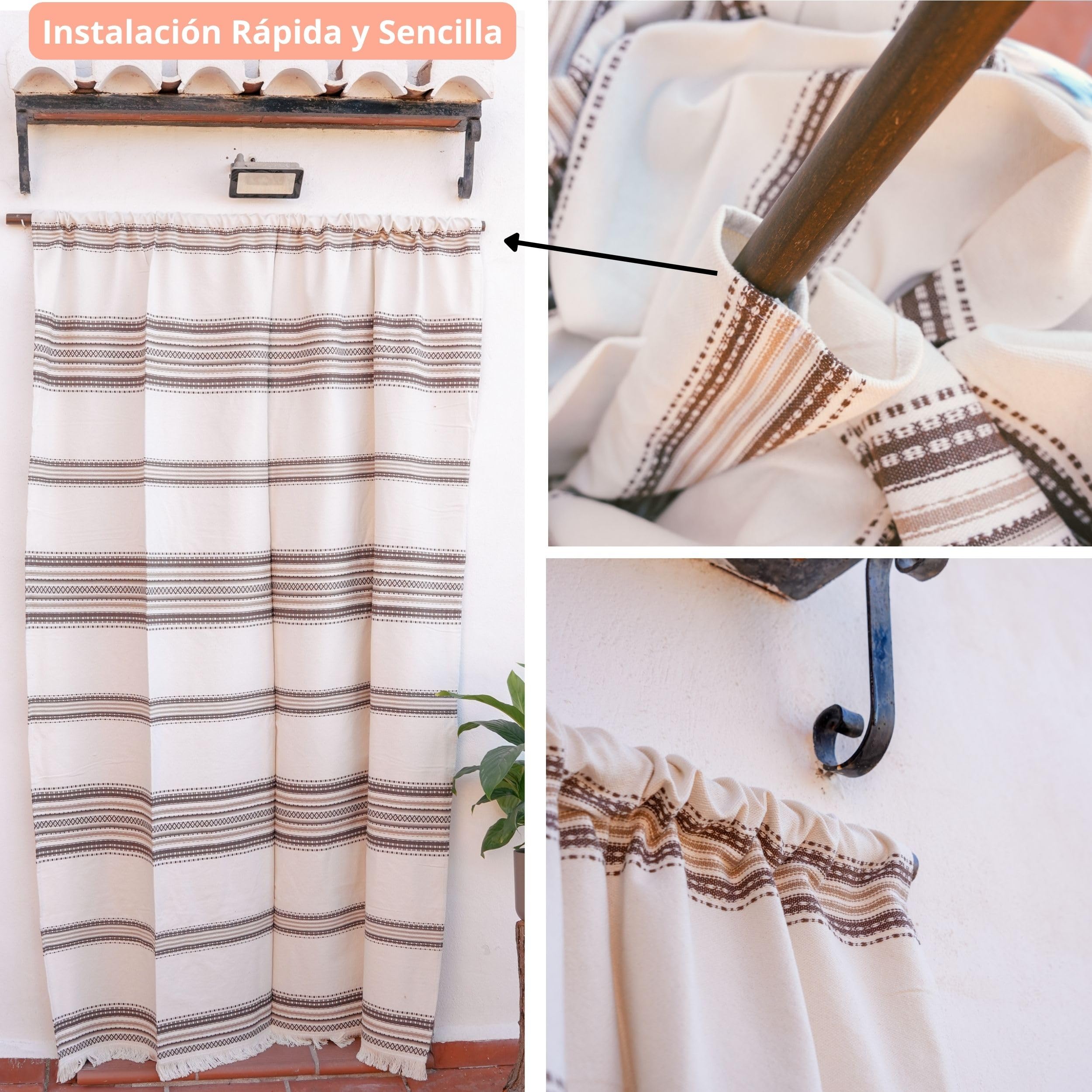 Tenda Parasole Rustica In Cotone - 160x215cm, Colore Ecru/Marrone, Fatta A Mano In Spagna - Foto 2