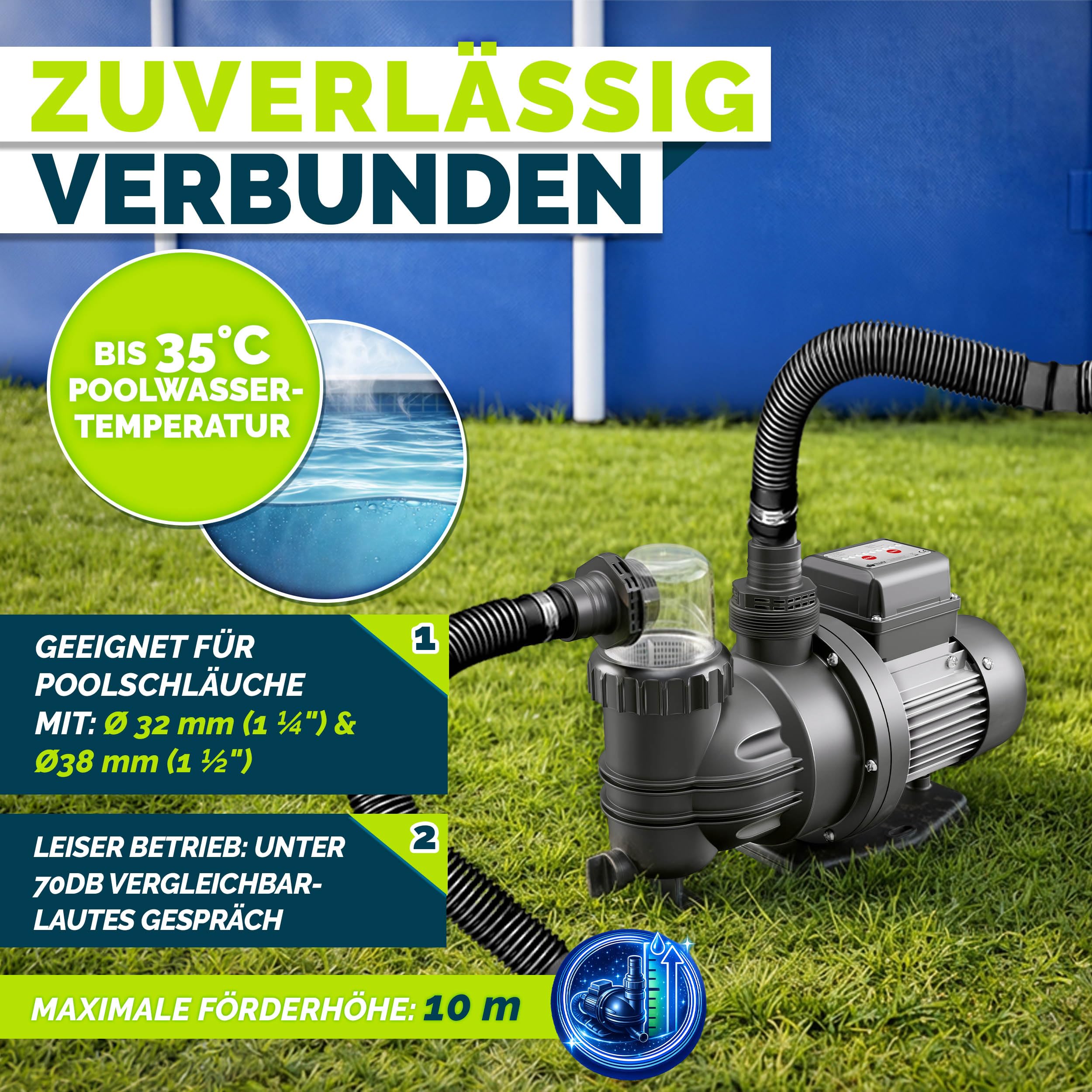 tillvex® Filterpumpe Pool mit Timer 9.500L/h & 550W | Schwimmbadpumpe Förderhöhe max. 10m | Poolfilter Umwälzpumpe für 40m³ Pools | Poolpumpe selbstansaugend für Pools Aufstellpool Spa mit Vorfilter