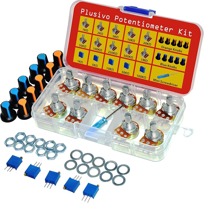 Potentiometer Assortment Kit 46 PCS B1K–B1M Ohm with Knobs WH148, Single Linear Taper Rotary Audio B Type, Nuts,Washers, Multiturn Trimmer 3296 for Arduino, Electronics, DIY Circuit Prototyping