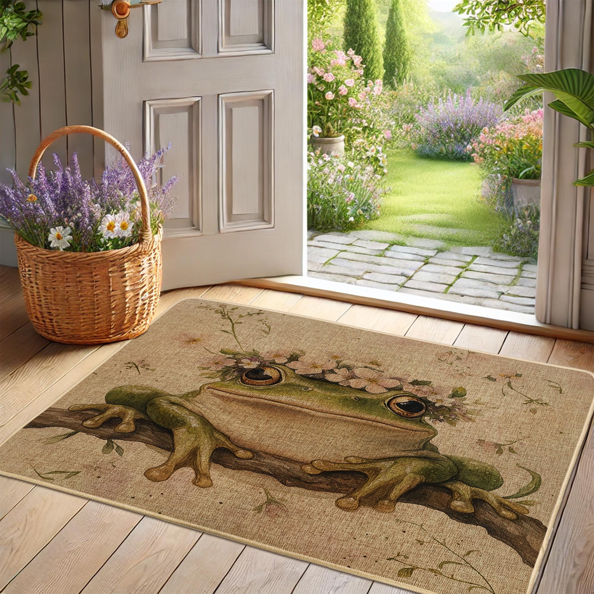 Spring Amphibian Doormat, Green Amphibian Outdoor & Indoor Entrance Decor, Floral Waterproof Non-Slip Dust Absorbent Front Mat, Easy Clean, Perfect for Garden 29x17 Inch