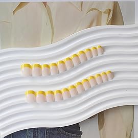 Yellow French Tip Press on Nails Short Square Nails Press ons French Tip Glue on Nails for Women DIY Acrylic French Nails Short Gel Nails, Natural Thick Extra Short French Fake Nails 24Pcs 12 Sizes