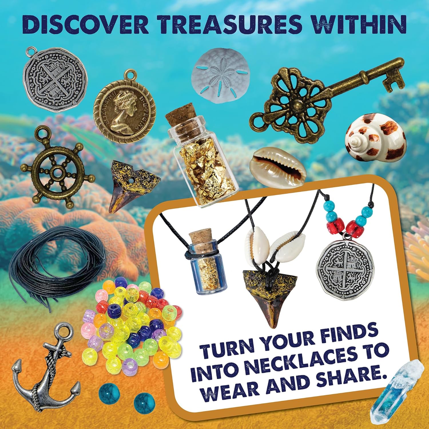 MindWare Dig It Up! Shipwreck Discovery Dig Kit - Jewelry Making Kit for Kids Ages 4 and Up – Includes 2 Digging Toys to Uncover 13 Shipwreck Treasures, 13 Cords & 50 Beads to Make Necklaces