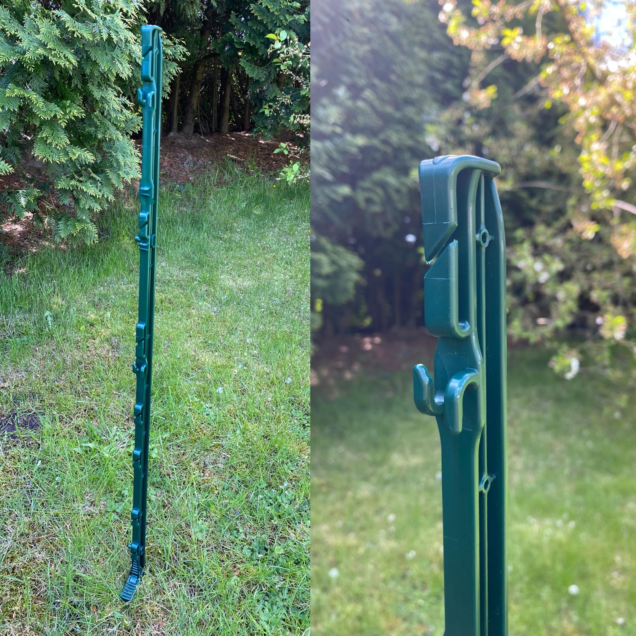 20x Weidezaunpfähle 105 cm – dunkelgrün, mit 9 Ösen, einseitiger Trittstufe und verzinktem Erdspieß