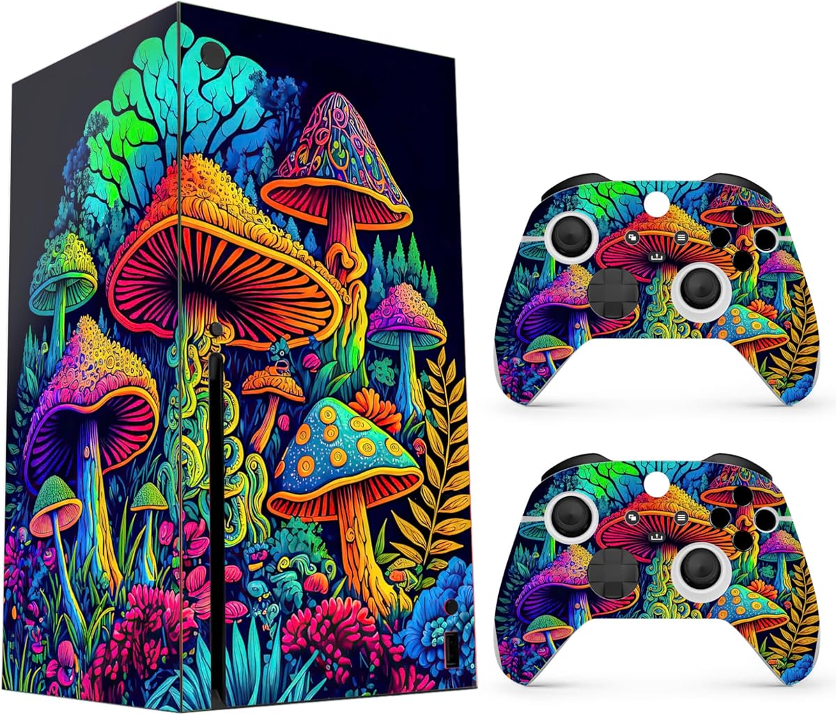 Skin adhesivo compatible con XBX Series X Cover – Hippie Mushroom, 2 fundas de controlador y funda de consola – Sin burbujas, protección completa, extraíble