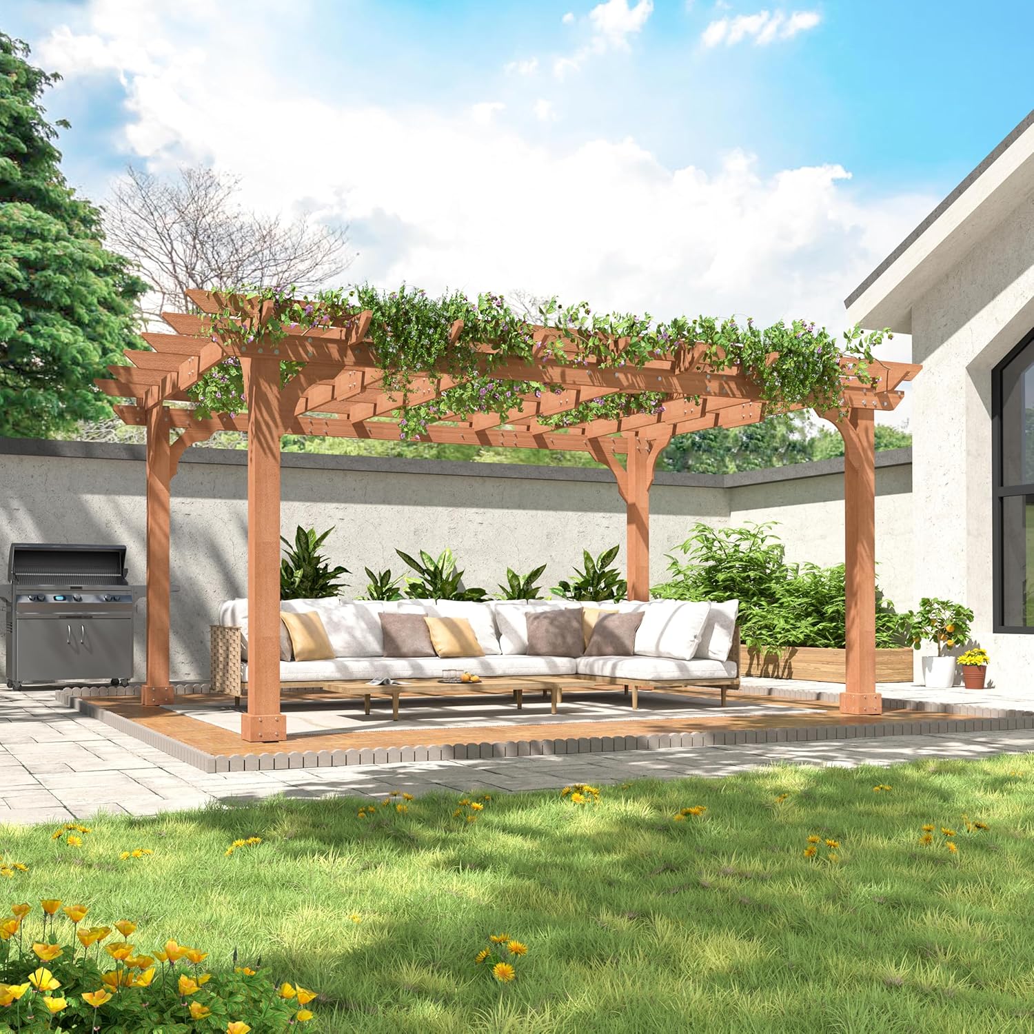 MUPATER 10x14 FT Cedar Wood Pergola with Trellis Roof, Outdoor Pergola Kit with Stakes, Snow and Wind Supported, Patio Shade Structure for Climbing Plant Support, Deck, Backyard, Lawn