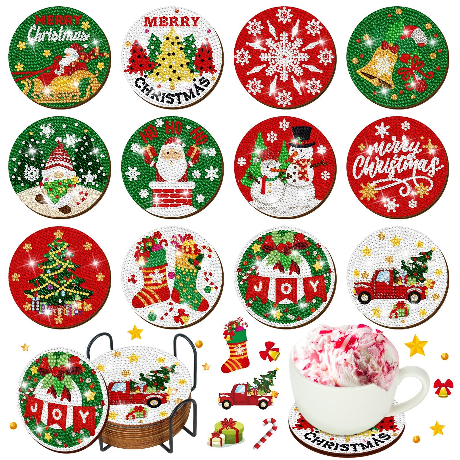 12 posavasos de arte de diamantes de Navidad, clásicos elementos de Navidad, posavasos de pintura de diamantes con soporte, kit de pintura de diamantes de Navidad, Papá Noel, muñeco de nieve, árbol de