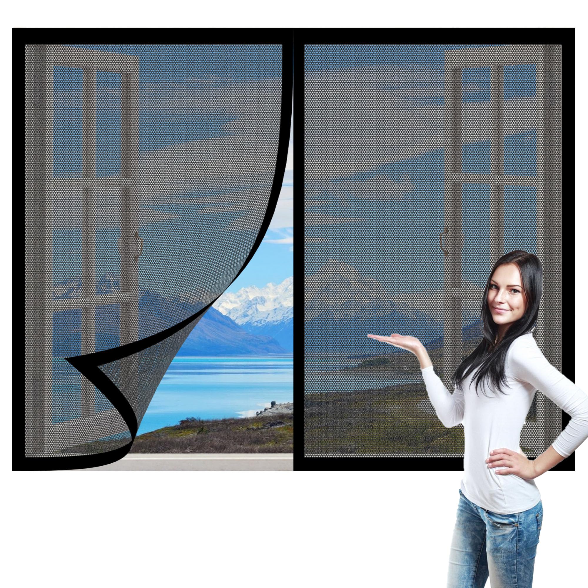 Window Fly Screen 165 x 135 cm with Selfadhesive DIY Fly Screen for Windows Easy Installation for Living Room Bedroom Offfice, Black