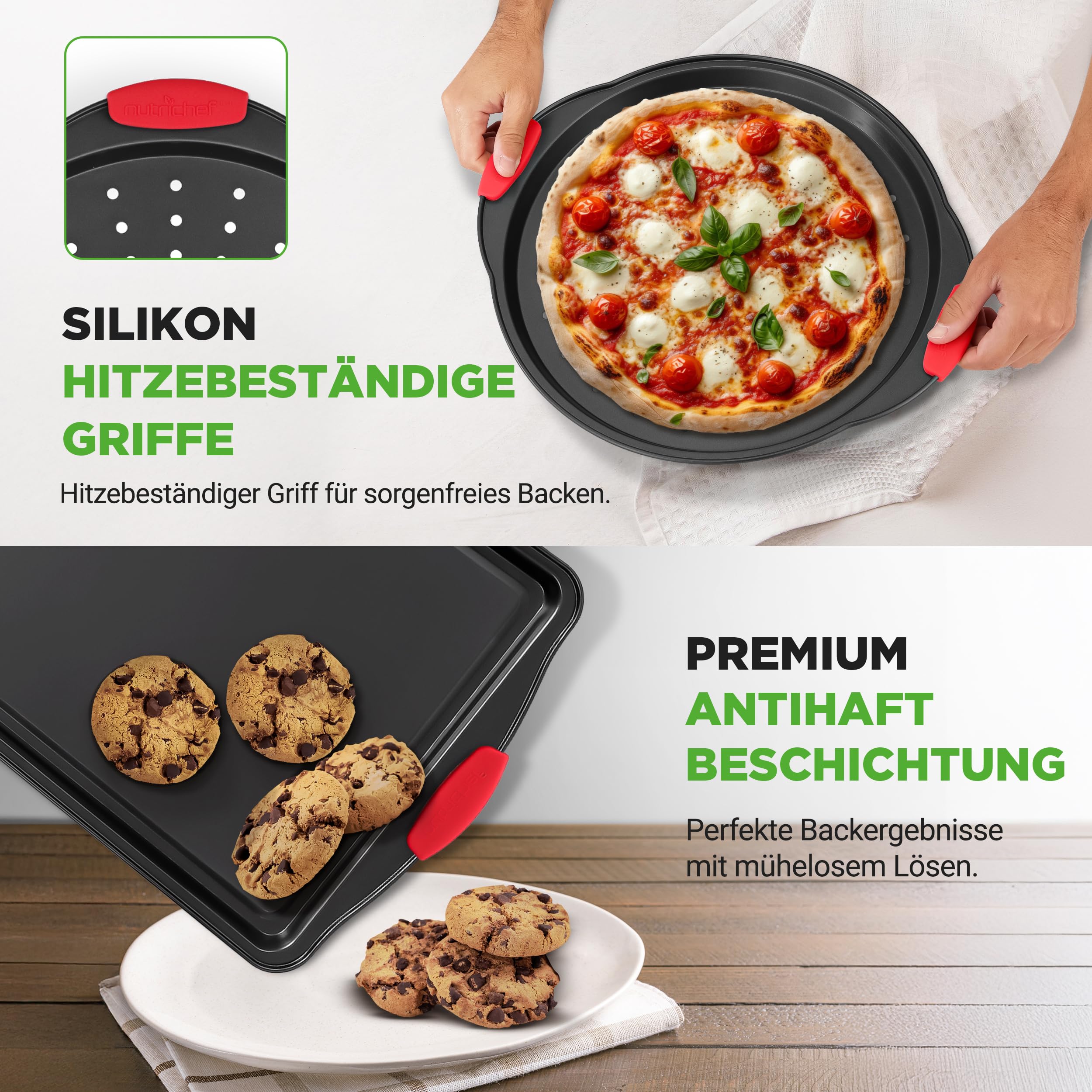 NutriChef Backset 8-teilig – Backblech, Brotbackform, Muffinform, Pizzablech Antihaft & spülmaschinenfest, platzsparend stapelbar, hitzebeständig & lebensmittelecht