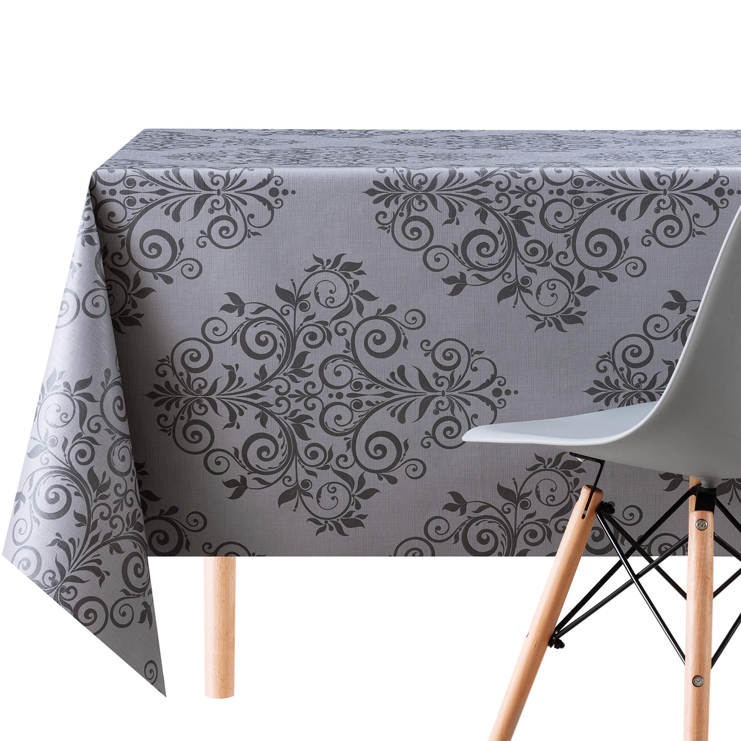 KP HOME Tendril Dark Grey Baroque PVC Wipe Clean Oilcloth Tablecloth - Square 140 x 140 cm - Orient Embossed Design, Thick - Easy Care Wipeable Vinyl Plastic Table Cloth