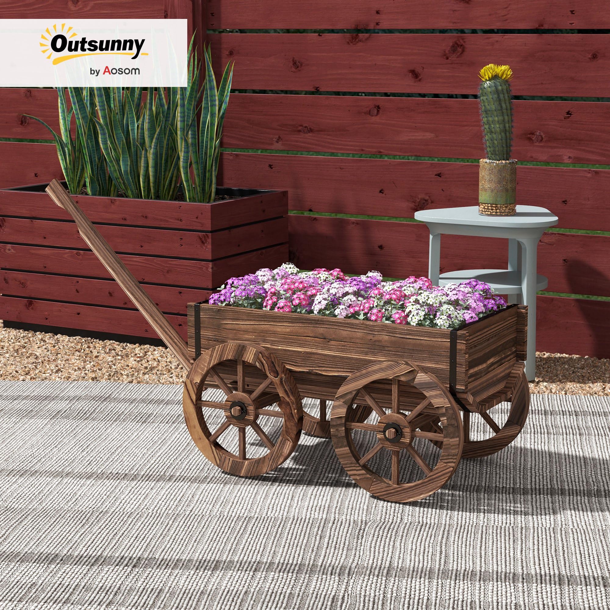Outsunny Jardinera de Madera Exterior Carrito 120x41x54 cm Carbonizado | Macetero en Forma de Carrito, 4 Ruedas, Mango, para Balcón Jardín Patio