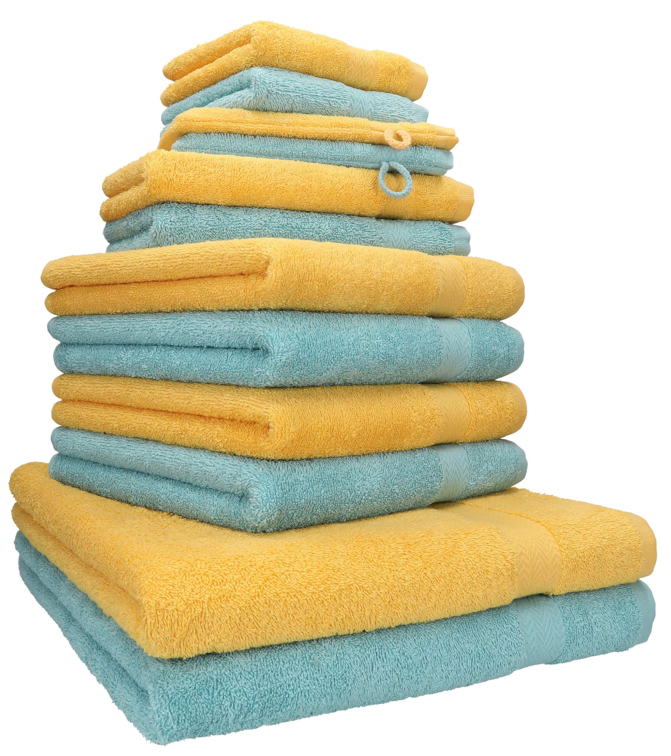 Betz Premium Handtuch-Set 12-teilig – 100% Baumwolle – Oeko-TEX® Zertifiziert – 470 g/m² – 2 Duschtücher, 4 Handtücher, 2 Gästetücher, 2 Seiftücher & 2 Waschhandschuhe - Farbe honiggelb/Ocean