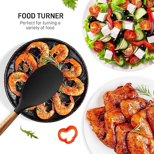 Miniatura 6 de Zulay Kitchen Juego de utensilios de cocina de silicona antiadherente con auténticas asas de madera de acacia, juego de utensilios de silicona de 5