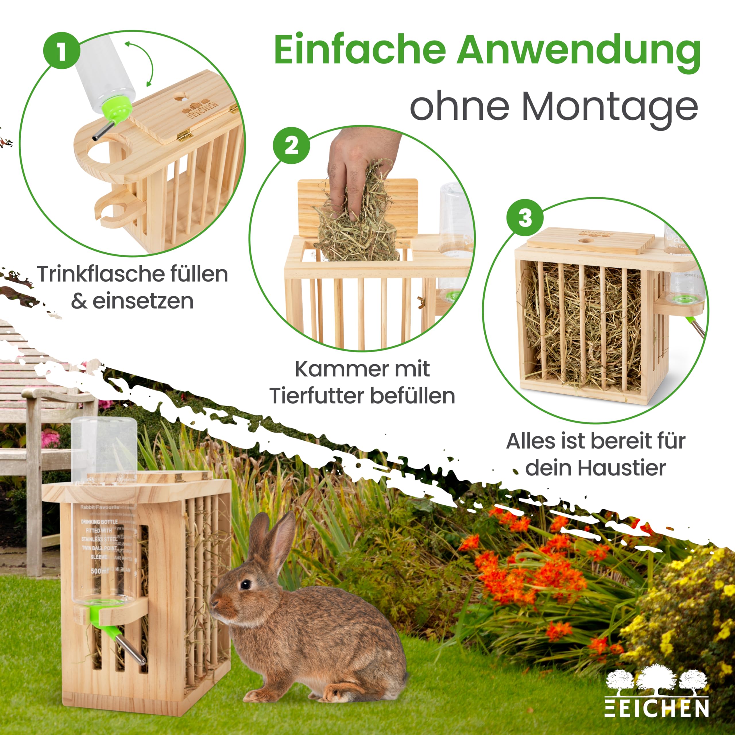Heuraufe inkl. höhenverstellbarer Trinkflasche. Naturholz. Meerschweinchen Heuraufe, Kaninchen, Hasen, Hamster Trinkflasche. Perfekt für Kaninchenstall. Hasen Zubehör Kaninchen Zubehör | Drei Eichen