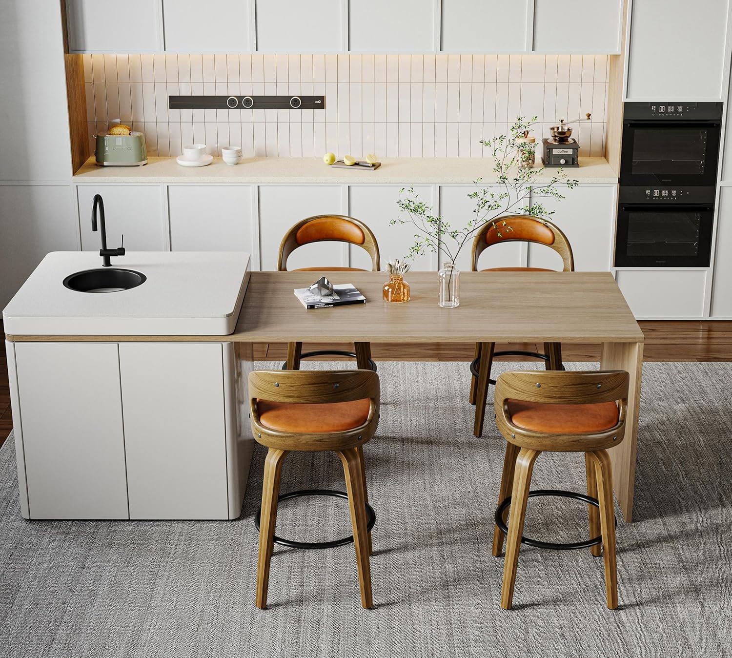 26" Bar Stools Set of 4 Swivel Counter Height Stools Bar Chairs Faux Leather Bar Stool with Backrest & Solid Wood Legs & Wrap-Around Footrest, Counter Stools for Kitchen Island Saddle Brown