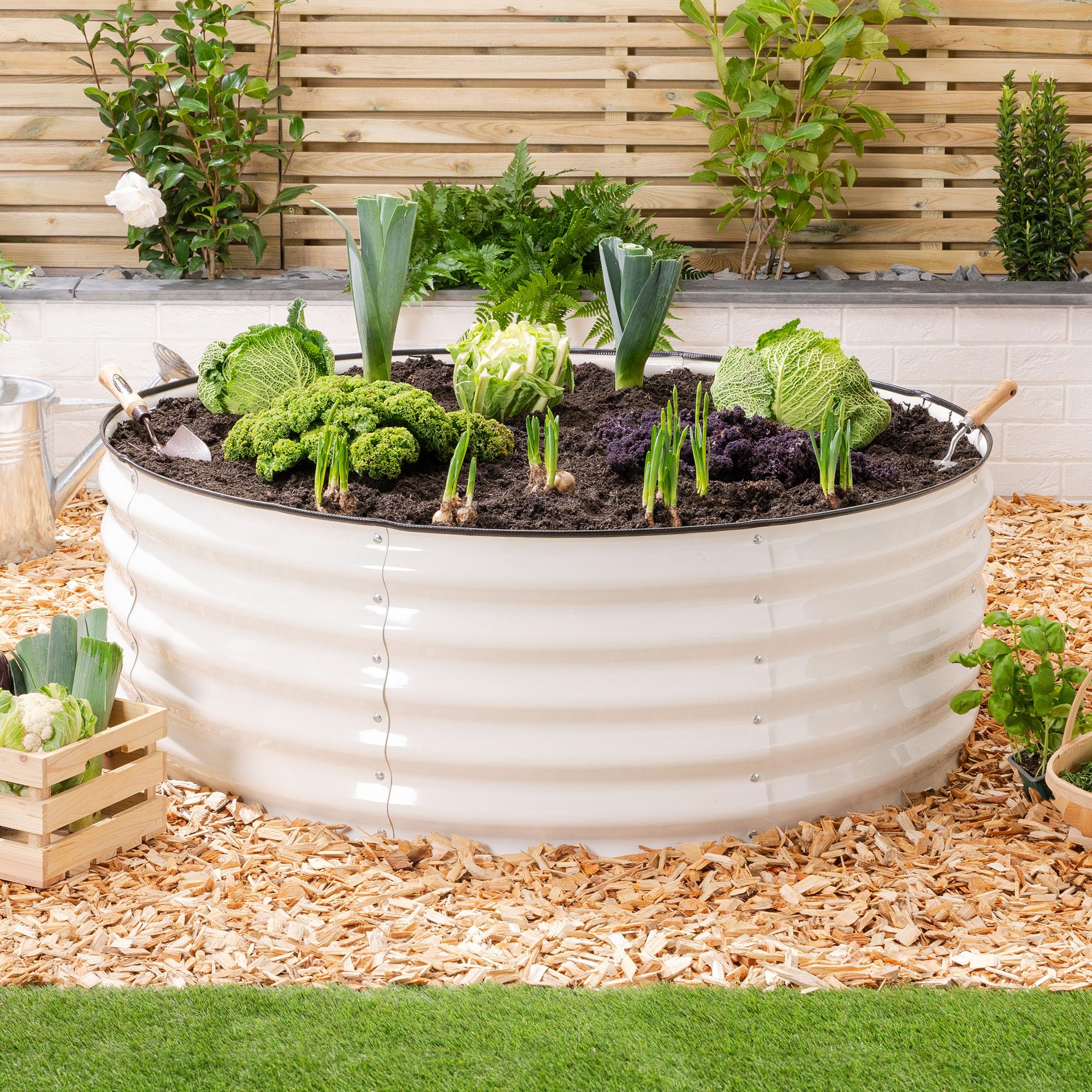 CHRISTOW Circular Raised Garden Bed – 120cm x 45cm, Cream Galvanised Steel Planter, Open Base for Drainage, Outdoor Grow Bed for Plants, Flowers & Vegetables, Protective Rubber Rim