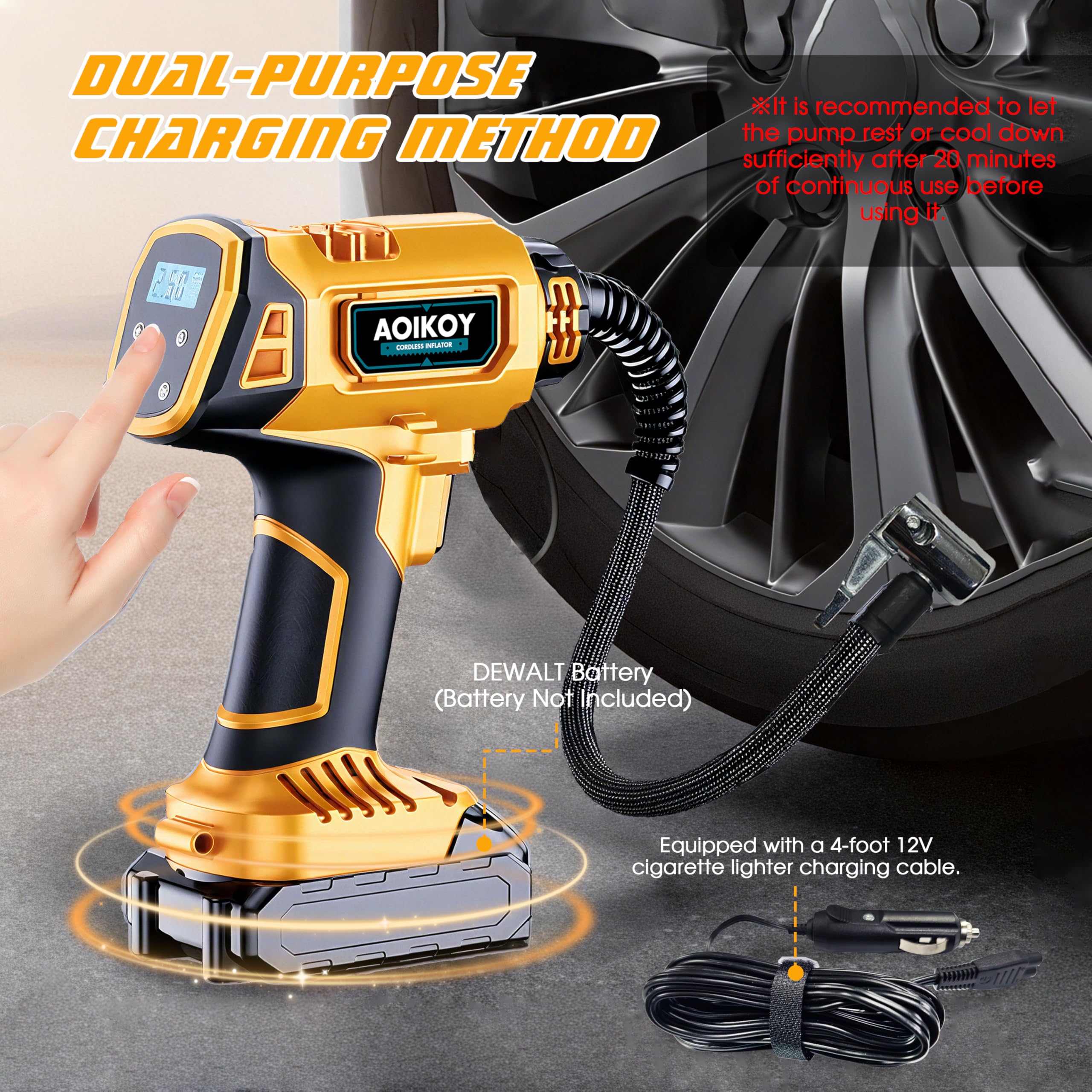 Inflador Ruedas Coche, para Batería Dewalt 21V, Compresor Aire Portátil 160 PSI, Pantalla LCD y Función de Parada Automática, para Moto, Bicicleta, Pelota, Coche, Pila no incluida