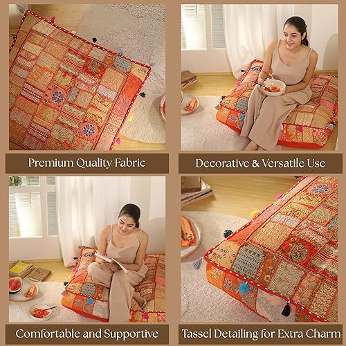 Miniatura 35 de THE ART BOX Cotton Patchwork Vintage Boho Embroidered Floor Pillows & Cushion Cover Dog Pouf Seating Pouf Meditation Pillow Pet Bedding Cat Bed Boho