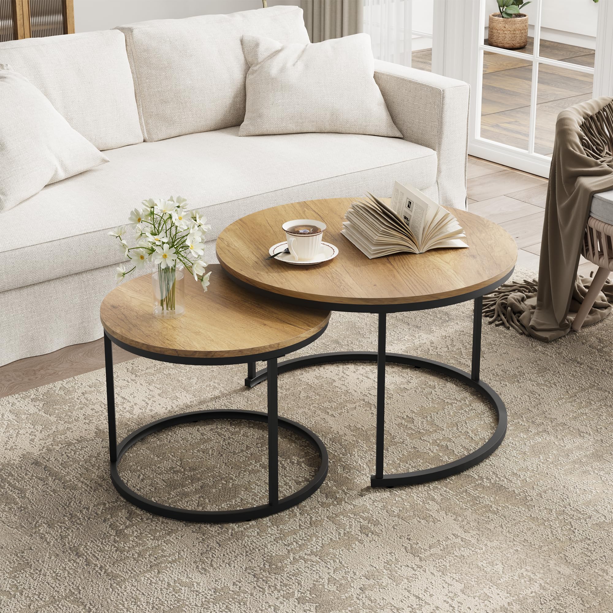 Smuxee Nesting Coffee Table Set of 2 27 6 Round Coffee Table Wood Grain Top with Adjustable Non-Slip