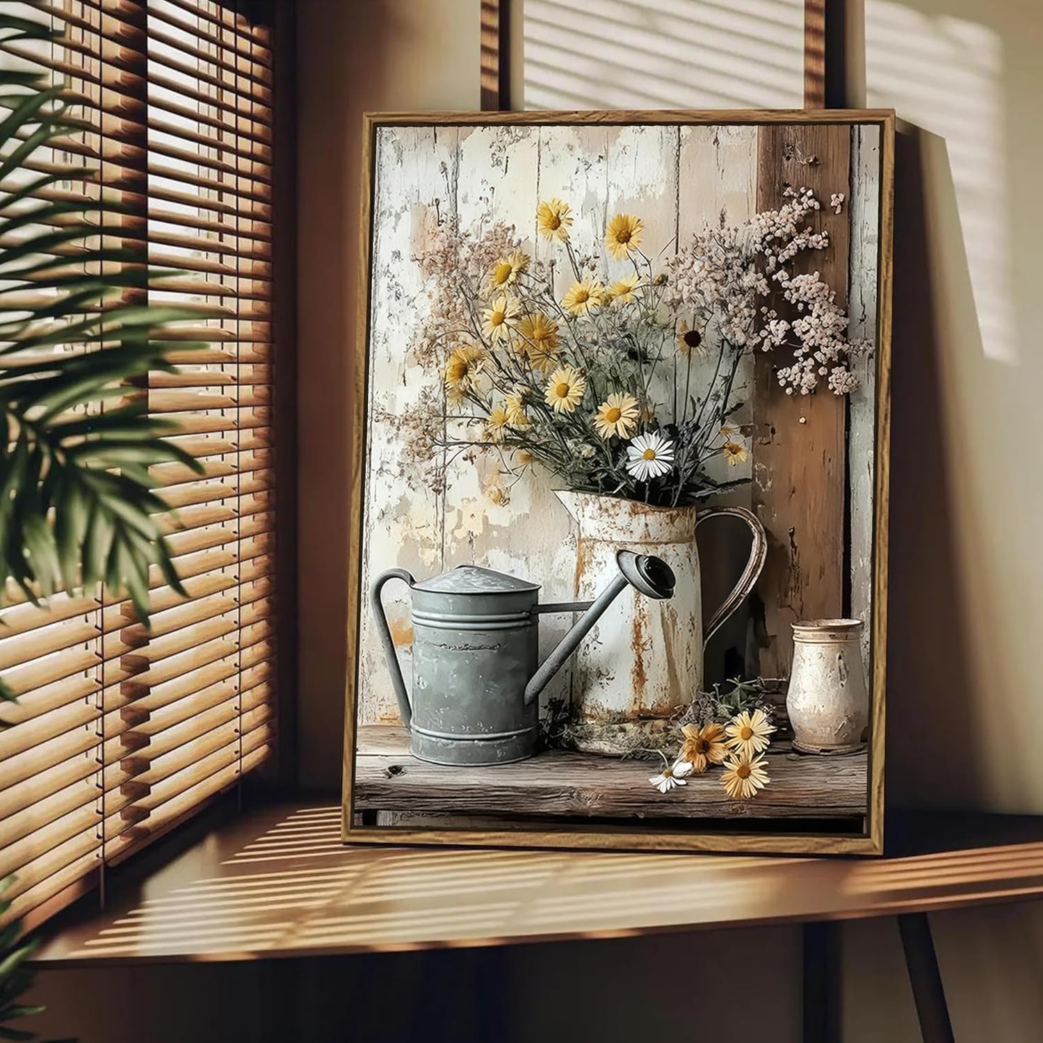 Framed Farmhouse Vintage Canvas Wall Art, Country Floral Daisy Picture Wall Decor, Yellow Daisy Flowers and Rust Kettle Poster Print for Living Room Bedroom Bathroom Rustic Decor 16x24in