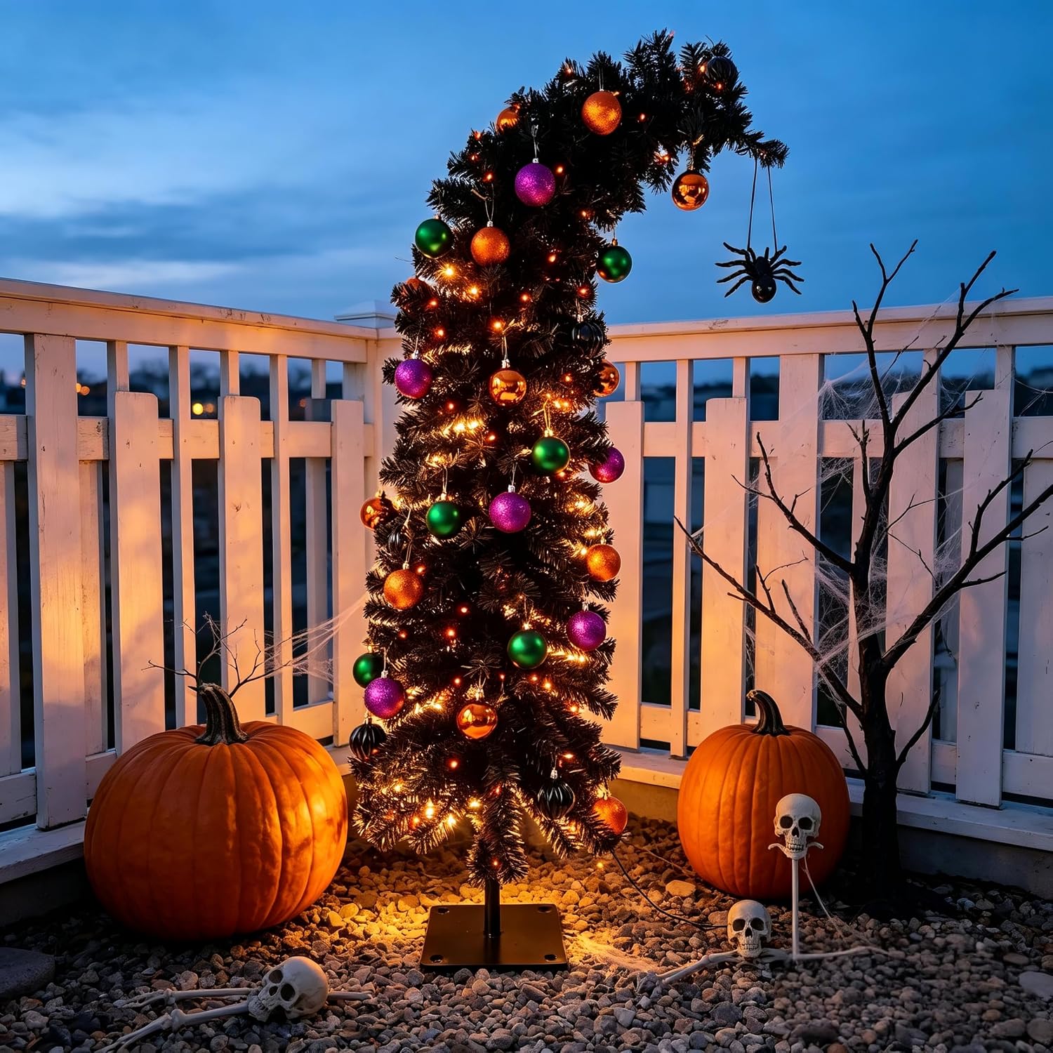 HipTree 5ft Prelit Black Halloween Nightmare Before Christmas Tree with 100 Orange Led Lights,Tinsel Light Up Tree, Xmas Lighted Pencil Tree with 278 Tips,Spider Ornament,Metal Stand,Plug-in