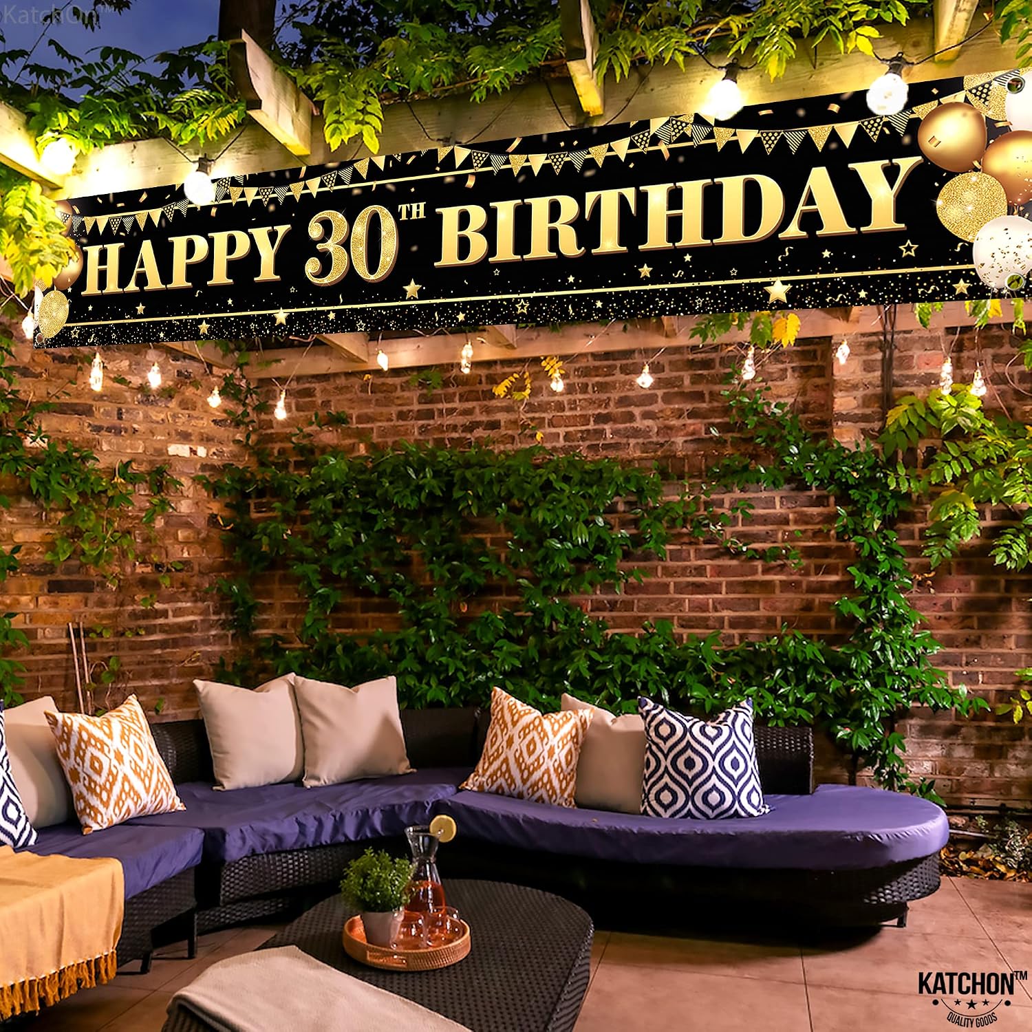 KatchOn, Large Happy 30th Birthday Yard Banner - 120x20 Inch | 30th Birthday Decorations for Women, Men | Happy Birthday Yard Banner For Black And Gold Party Decorations