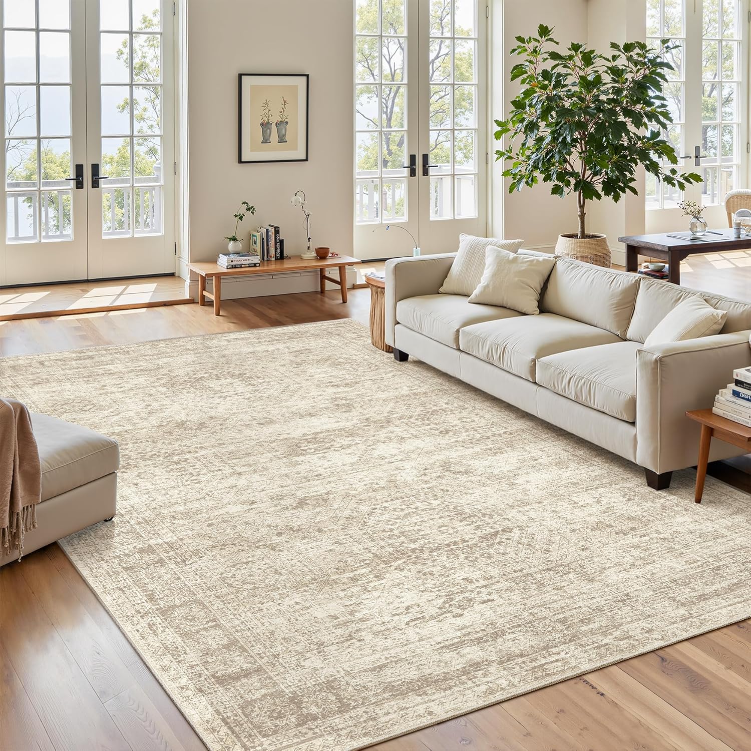 7x9 Area Rug for Living Room Washable Abstract Vintage Soft Thin Indoor Floor Non-Slip Carpet for Bedroom Dining Room Beige Beige 7' x 9' (Rectangular)