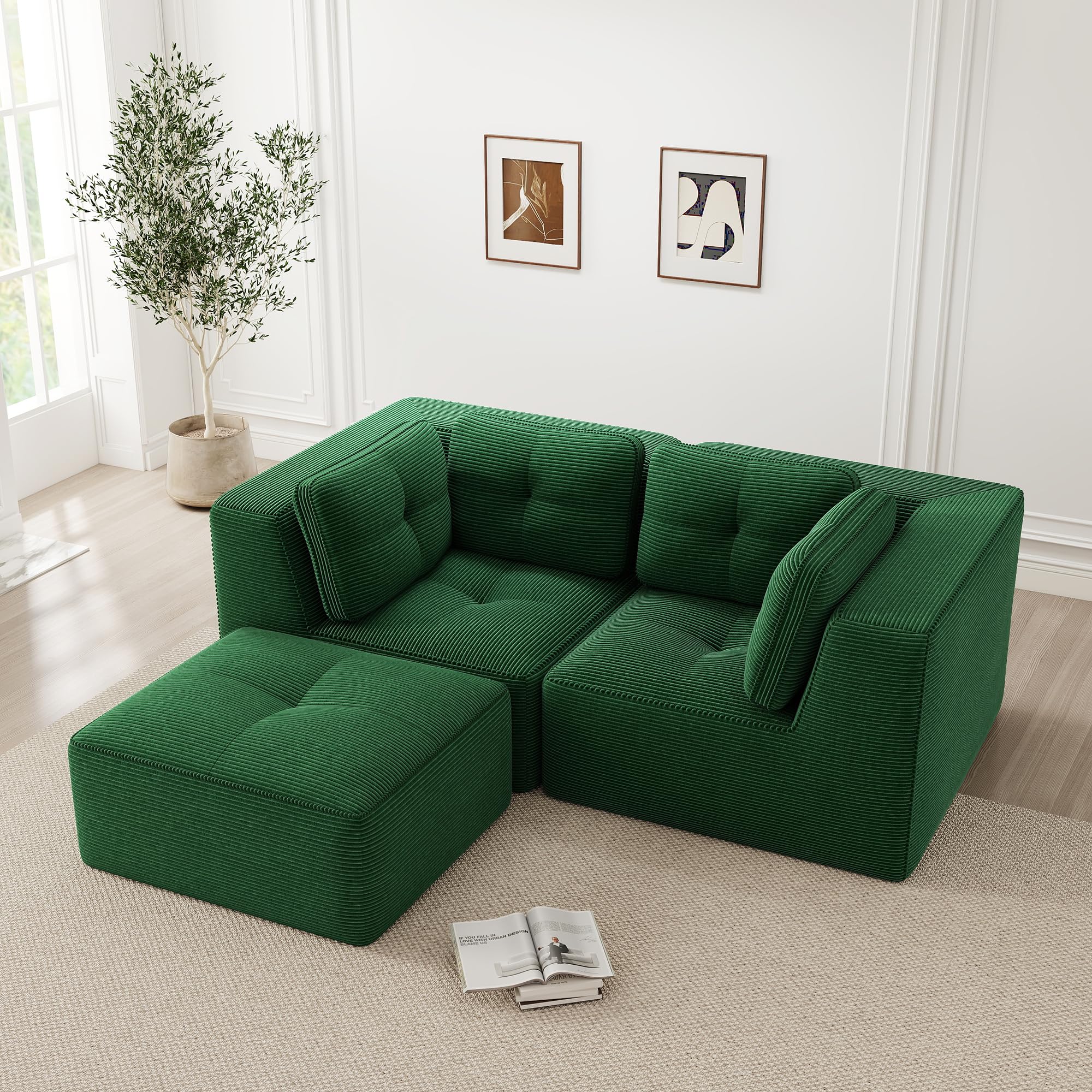 Modulares und konfigurierbares Ecksofa, zweisitziges, rahmenloses L-förmiges Sofa mit beweglicher Fußstütze, bequemer Cordstoff, geeignet für Wohn- und Schlafzimmer,Grün