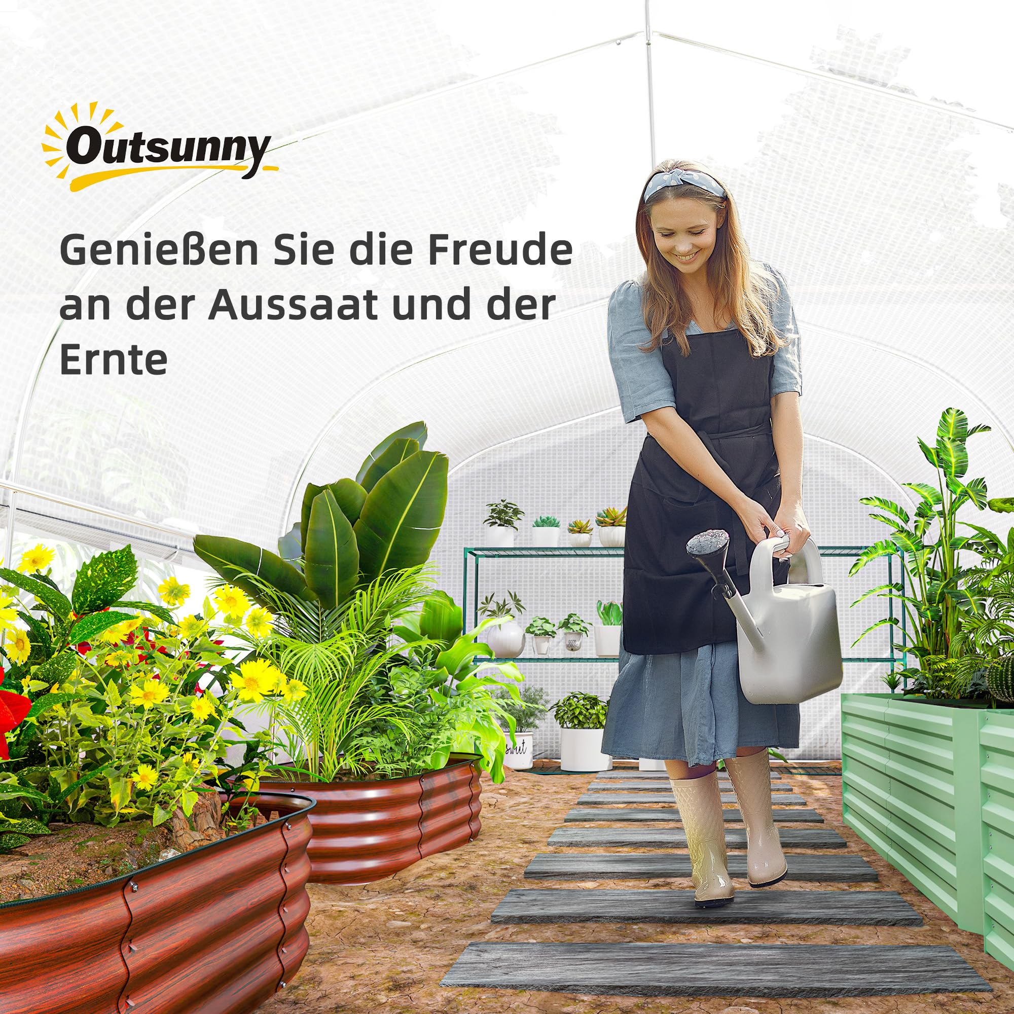 Outsunny Gewächshaus 6 x 3 x 2 m Foliengewächshaus mit 8 Fenster & Tür, Aufrollbar Seitenwänden, UV-beständiger Folientunnel Tomatenhaus mit verzinkten Stahlrahmen, Weiß