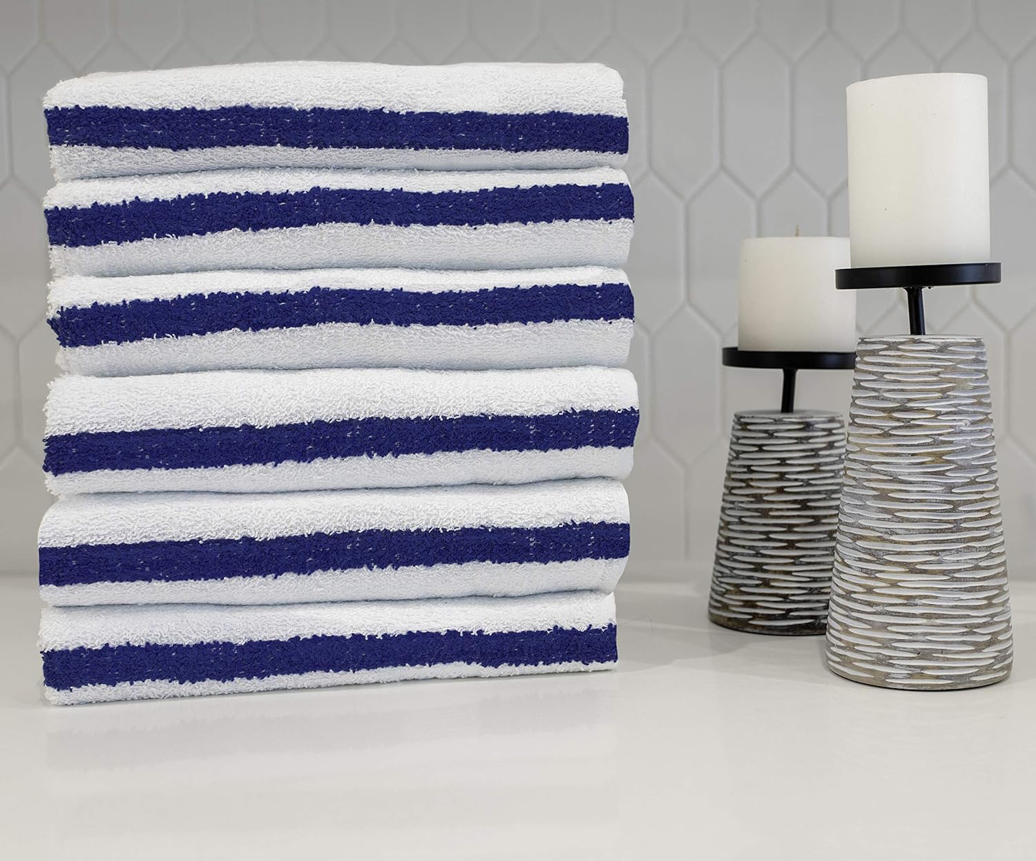 Pacific Linens, Thin Bulk Bath Towels Set Large - 22 x 44 Inch 100% Cotton - 6 LBS per Dozen Hotel Collection for Bathroom, Pool, Spa, Gym, Home (12 Blue Stripe)