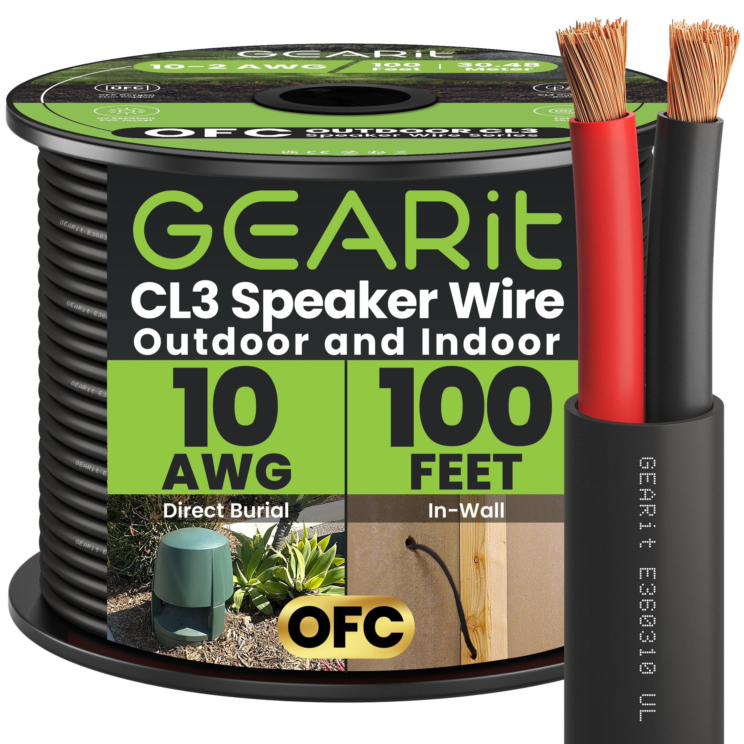 GearIT 10/2 Speaker Wire (100 Feet) 10AWG Gauge - Outdoor Direct Burial in Ground/in Wall / CL3 CL2 Rated / 2 Conductors - OFC Oxygen-Free Copper, Black 100ft