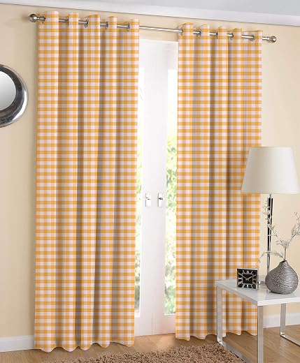AIRWILL Cotton Checkered Grommet Door Semi Sheer Curtain (Yellow, 4 X 7 Ft) -Pack of 2