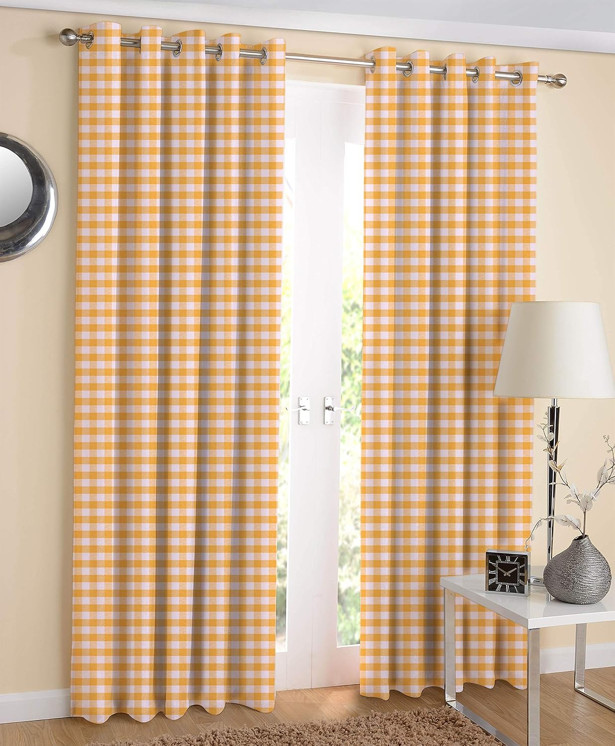 AIRWILL Cotton Checkered Grommet Door Semi Sheer Curtain (Yellow, 4 X 7 Ft) -Pack of 2