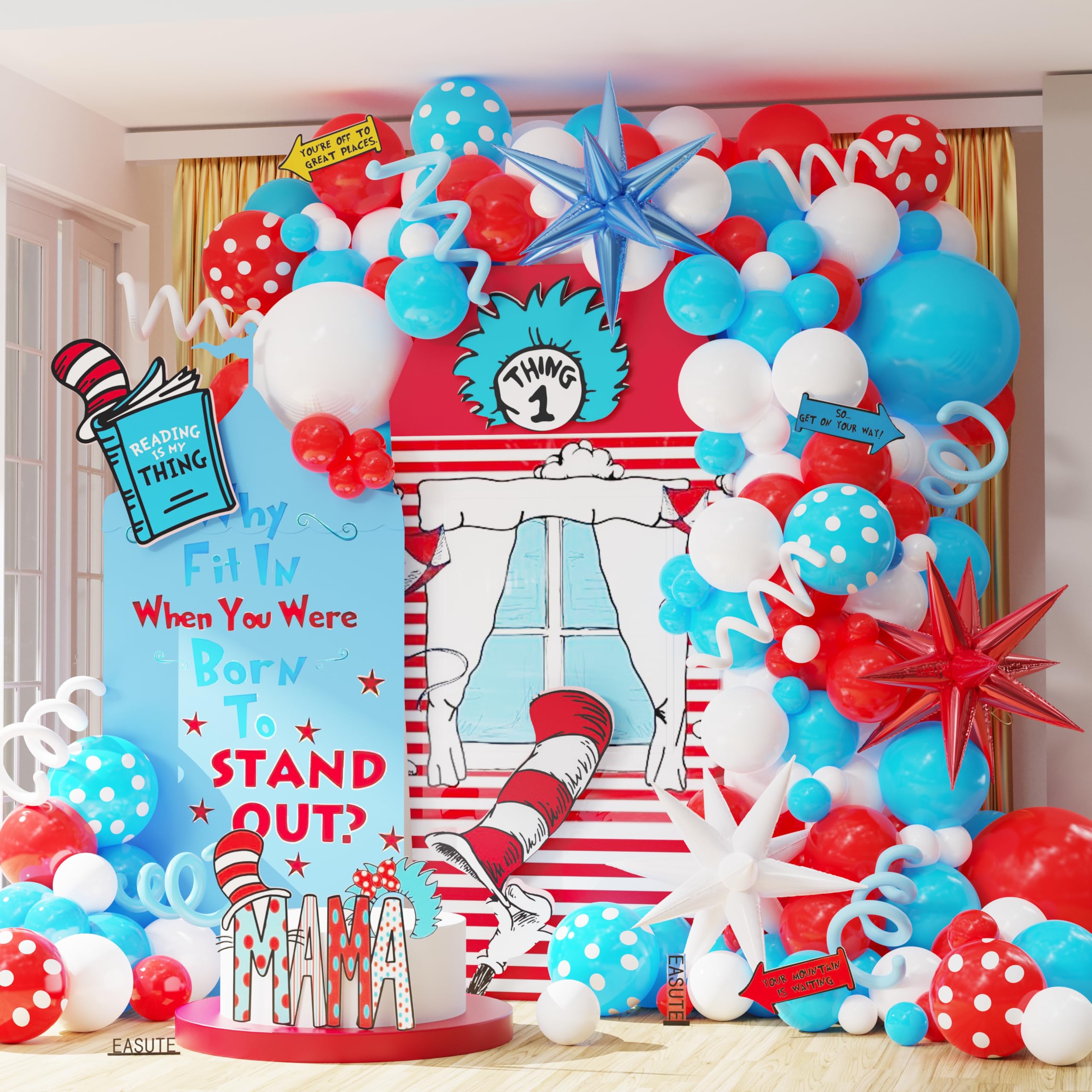 Cat Hat Themed Party Decorations 135PCS Red Blue White Balloon Arch Garland Kit Thing 1 and Thing 2 Birthday Party Decoration Dr Baby Shower Decorations