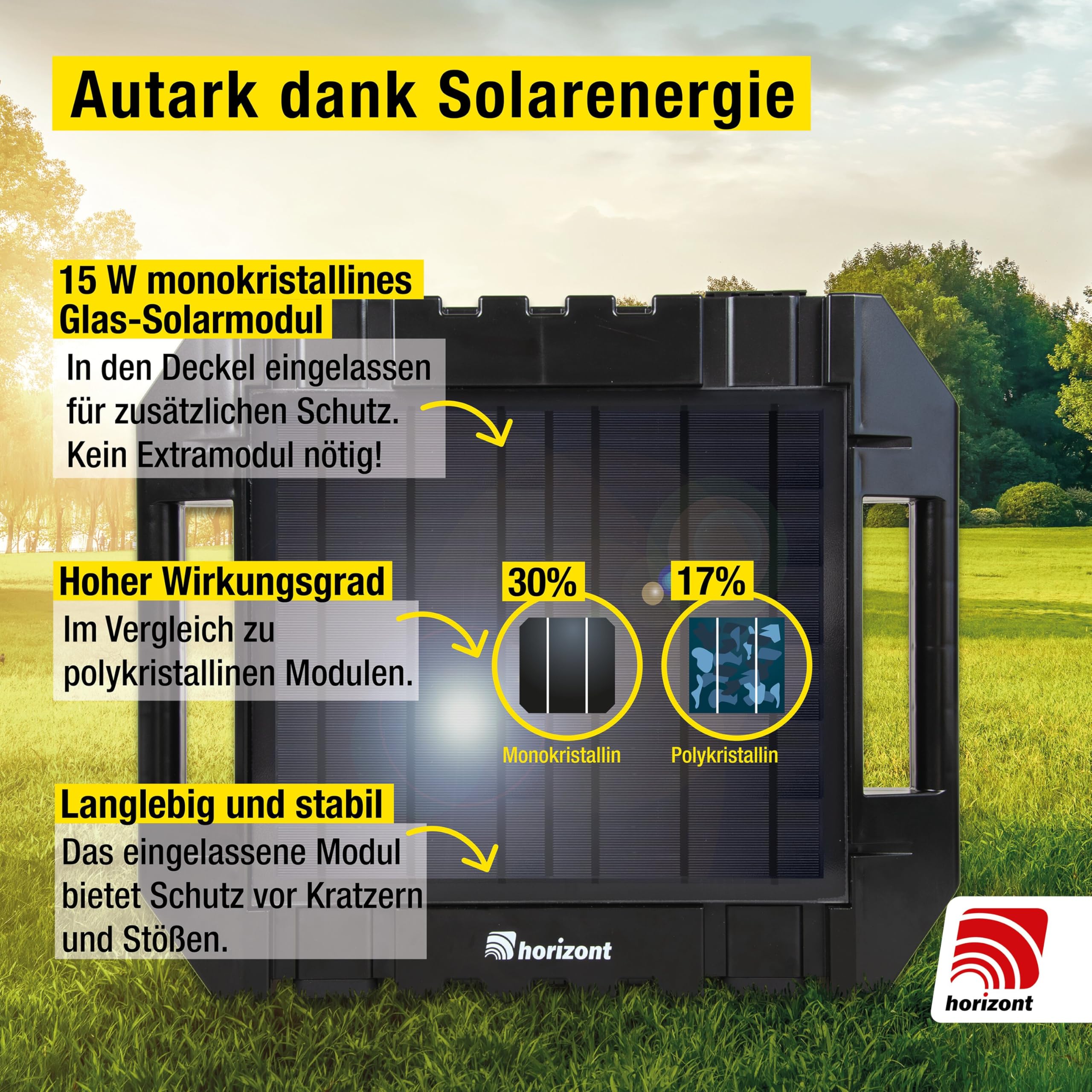 horizont Solar Weidezaungerät 12 V ranger ® AS1800SC - mit integriertem 15 W Solarpanel und 12 Ah Akku - für Zaunlängen bis zu 14 km oder 8 Elektronetze á 50 m, 11.800 V maximale Spannung