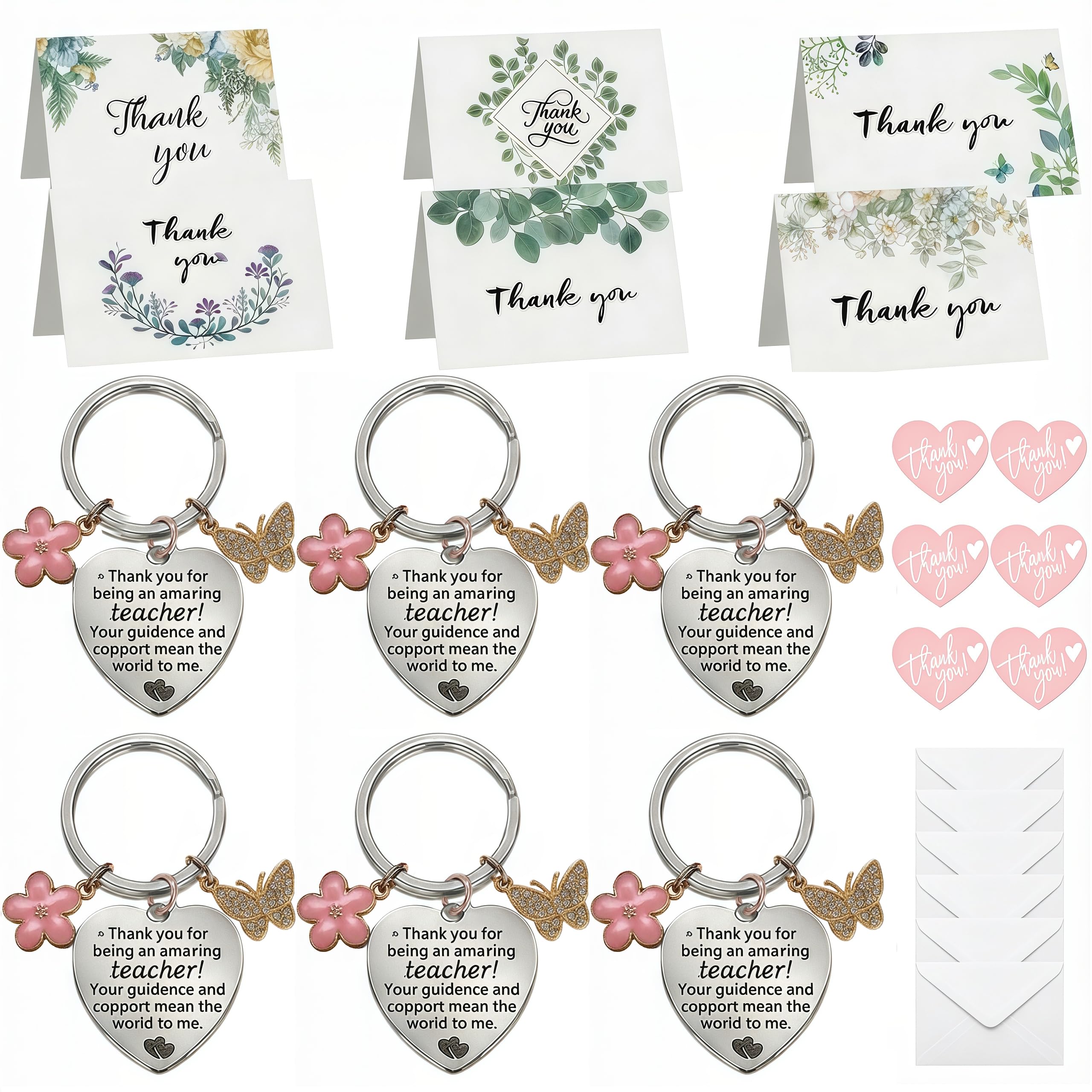 ZJEEACO 24 Pcs Thank You Teacher Gifts for Women, Keyrings Thank You Cards with Envelopes, Multipack Appreciation Personalised Graduation Presents for Teachers Colleagues, Christmas, End of Term