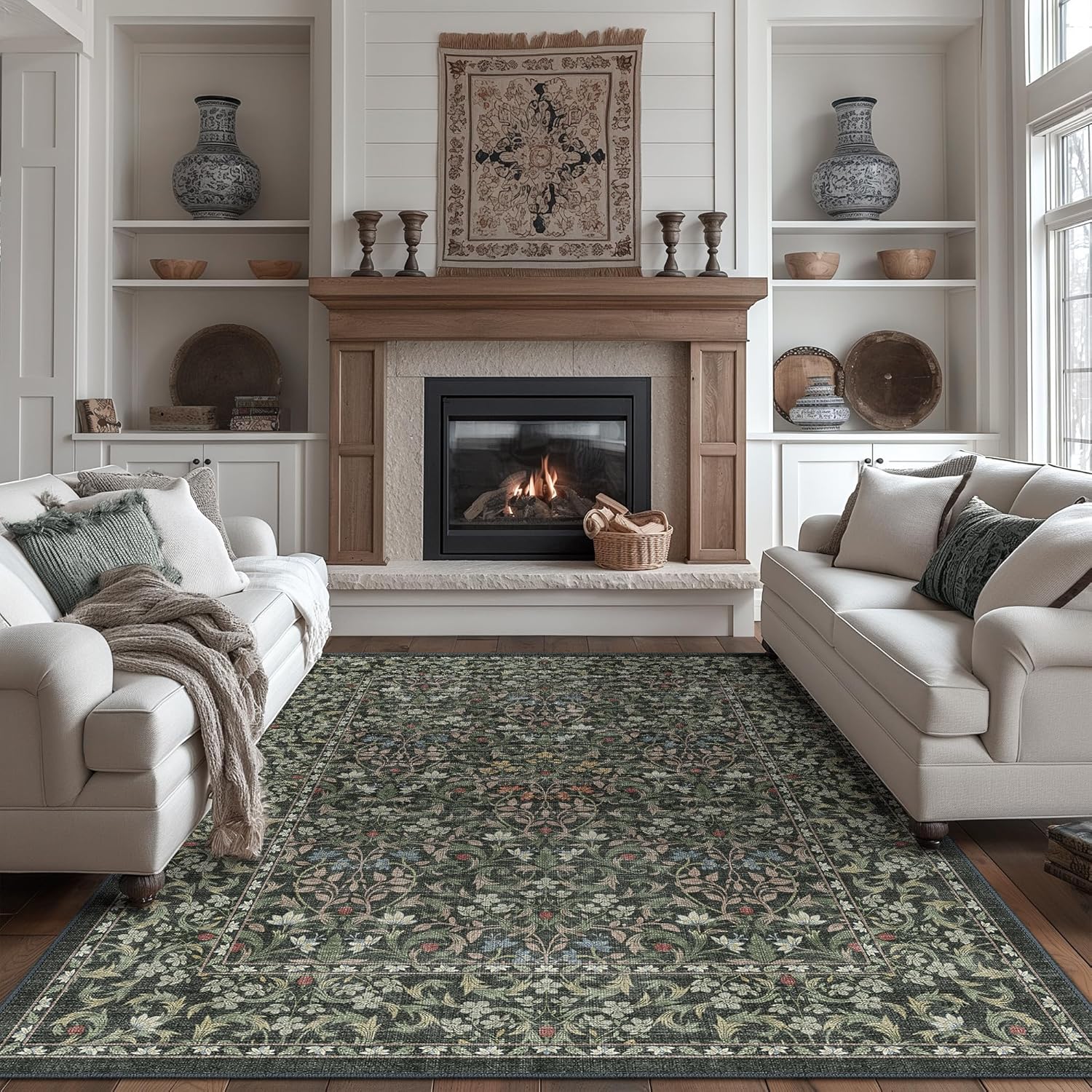 bavni 5x7 area rugs for living room, floral rug machine washable non slip, vintage boho forest carpet, soft low pile thin lightweight rugs for bedroom, farmhouse, dining room office, emerald green 5' x 7' (rectangular) emerald green