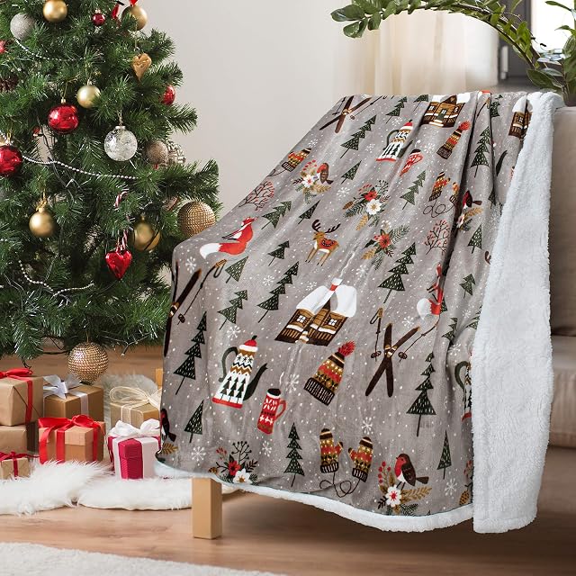 Catalonia Classy Christmas Throw Sherpa Blanket 130 x 150 cm Xmas Pattern, Super Soft Fluffy Sherpa Throw TV Blanket Decorative Blanket for Bed Couch Holidays