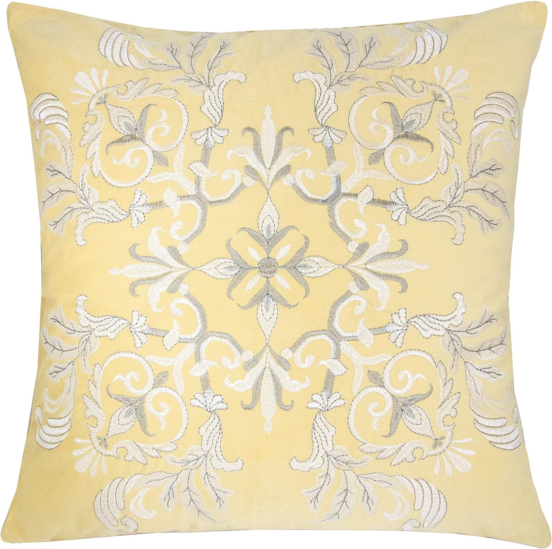 Homey Cozy Embroidery Yellow Velvet Throw Pillow Cover,Sunshine Series Blossom Floral Bright Spring Tropical Decorative Pillow Case Home Decor 20x20,Cover Only
