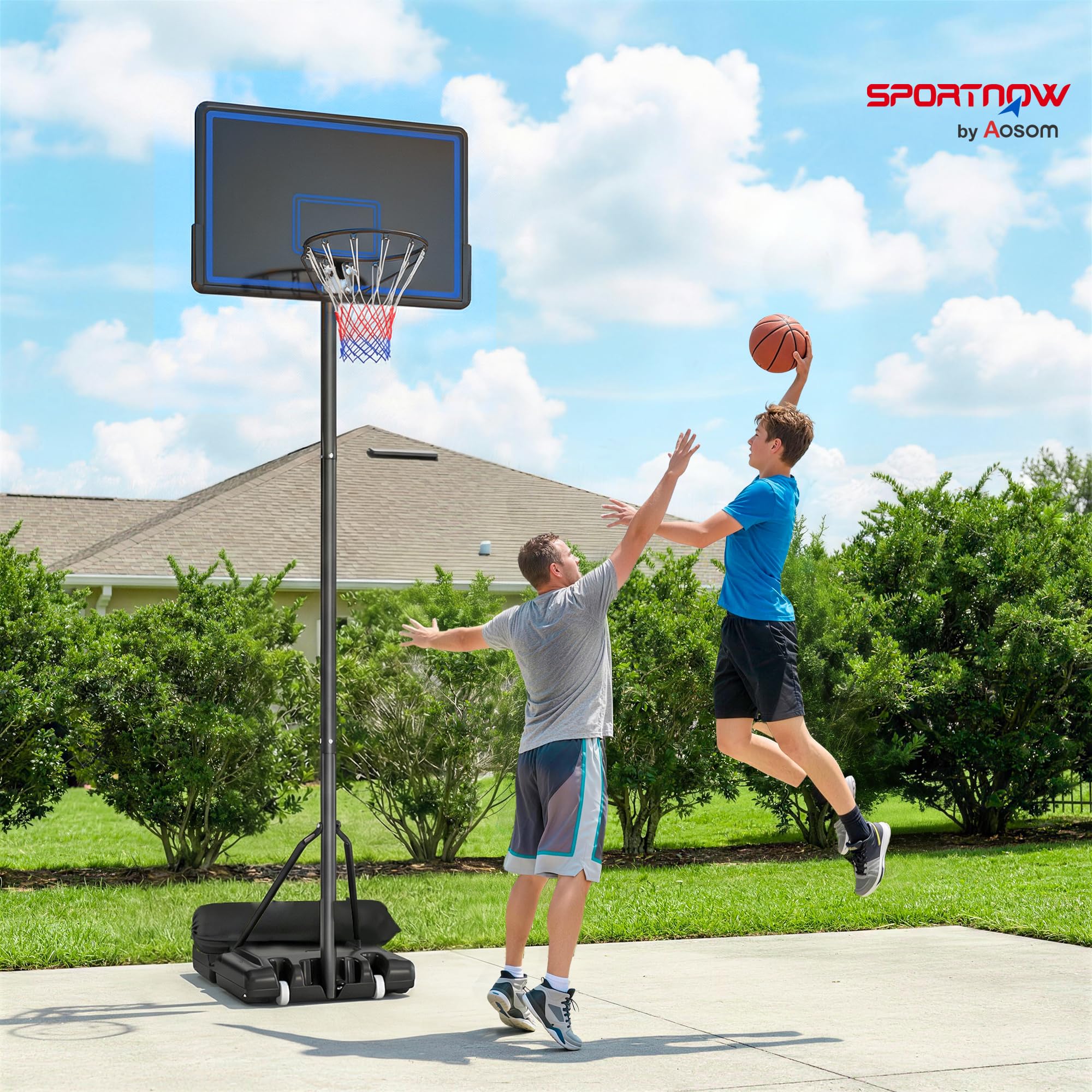 SPORTNOW Panier de Basketball sur Pieds avec Hauteur Réglable de 1,35 à 3,05 m, Panier de Basket Extérieur Portable avec Roues, Panneau Arrière en PE, Base de Lestage et Sac de Sable, Bleu