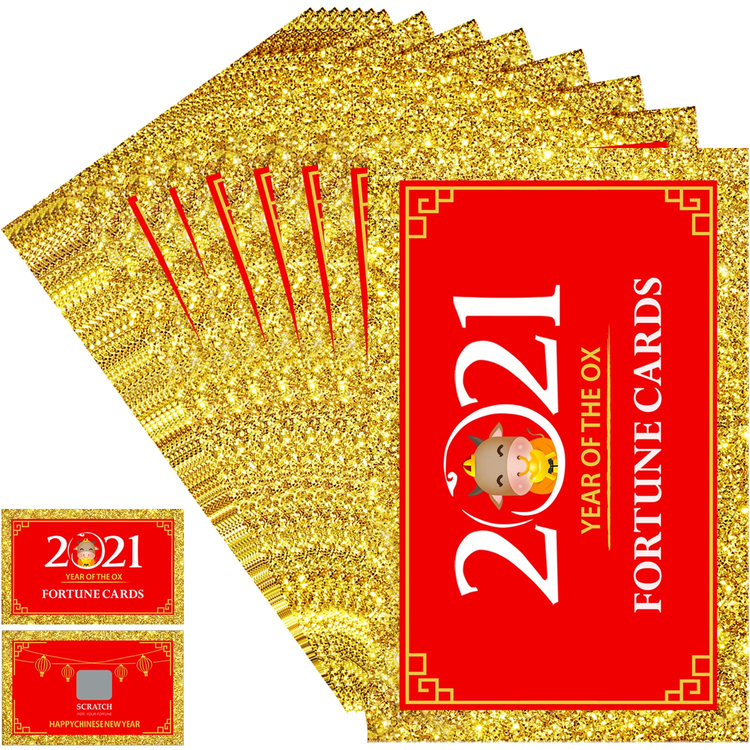 Extenuating Threads New Year Fortune Cards, 2021 Chinese Year of The Ox Scratch Off Laminated Cards, Funny Party Decorations / Supplies, 24 Count