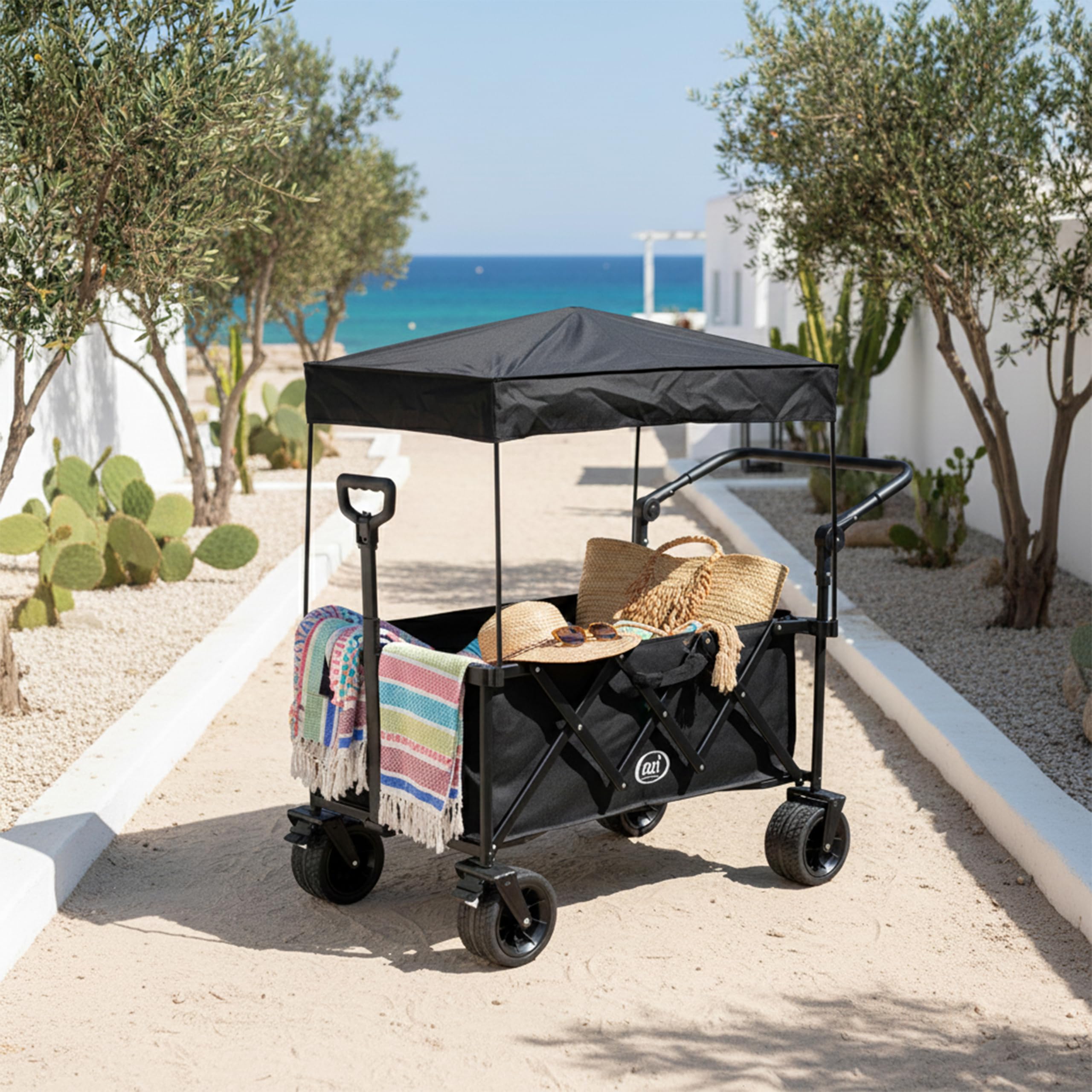 AXI SB221 Faltbarer Bollerwagen mit Dach in Schwarz | Handwagen Klappbar/Faltbar mit Zug- & Schiebestange, Gurt, Hülle, & Getränkehalter - PP Gummireifen | Kapazität: 130 l
