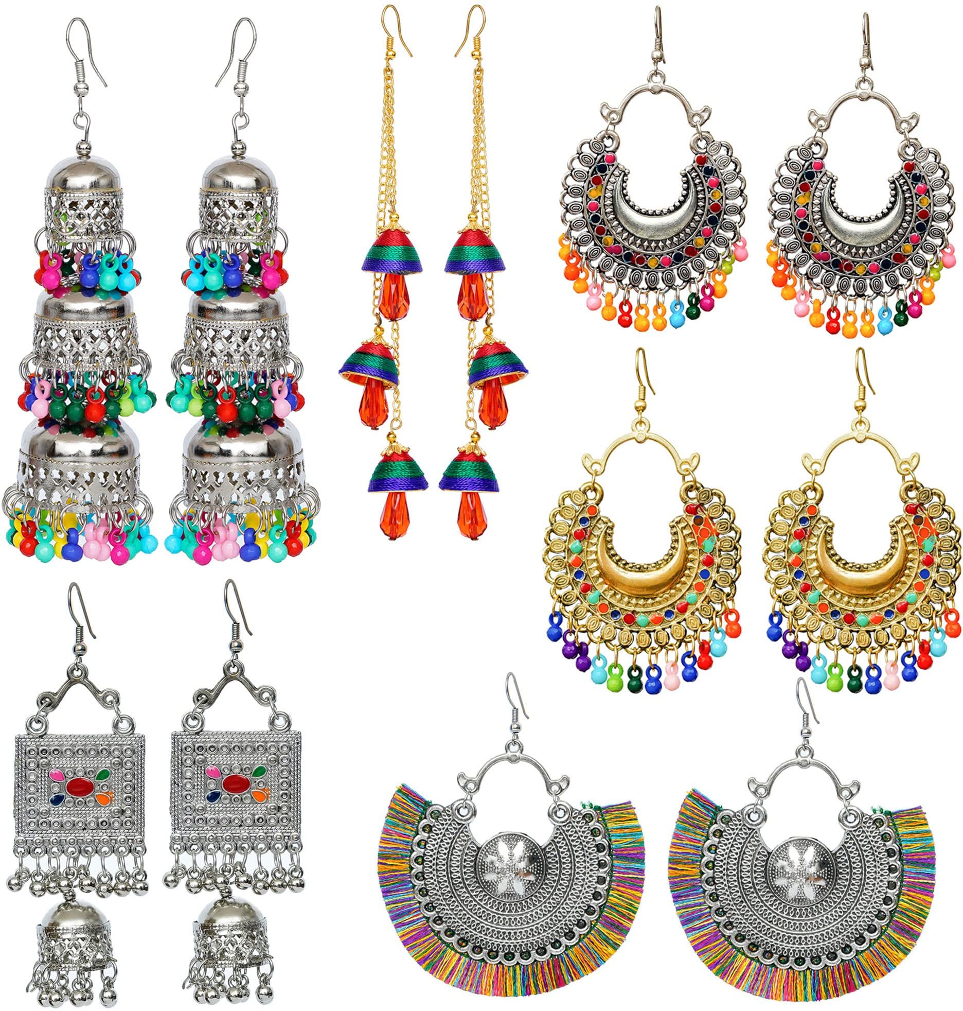 Yotog Combo of 6 Stylish Of Multicolor Fancy Trendy Oxidised Earrings, Tribal Jhumka, Long Chain Tassel, golden silver meena Chandbali, Alloy Brass Earrings For Women And Girl (B09XDWXSKZ) Amazon Price History, Amazon Price Tracker
