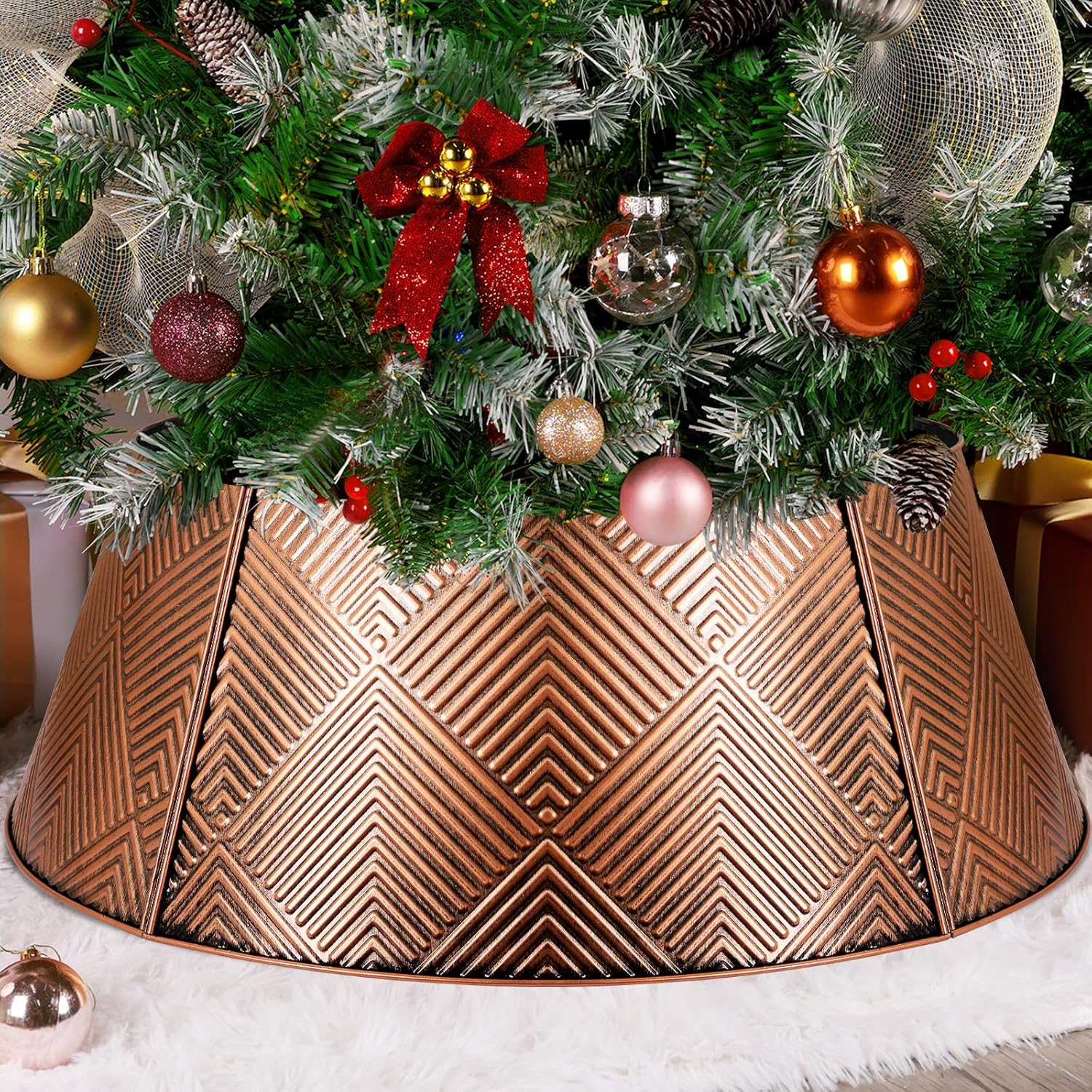 Brightever Christmas Tree Collar Metal, 28in Christmas Tree Skirt for Christmas Holiday Decorations, Gold Tree Collar for Real or Artificial Trees, Xmas Tree Stand 5-Panel, Easy Set Up