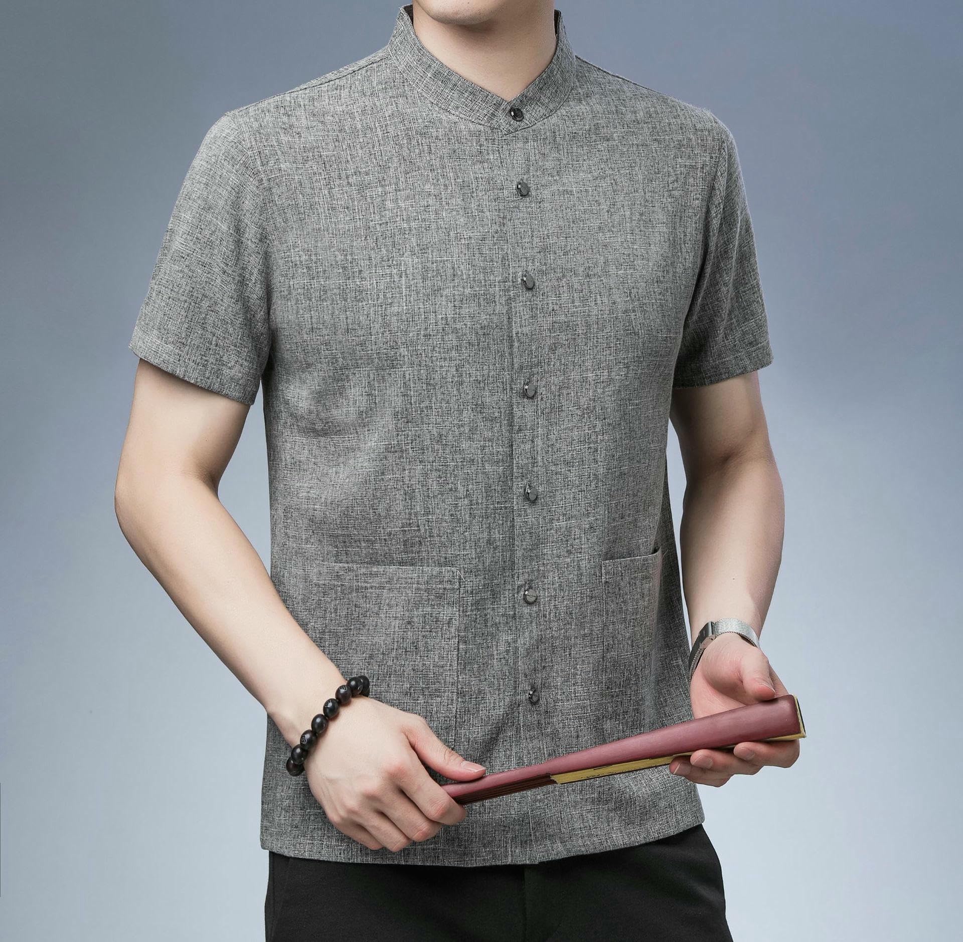 Camicia da uomo estiva in lino casual per tutti i giorni con tasca grande colletto alla coreana