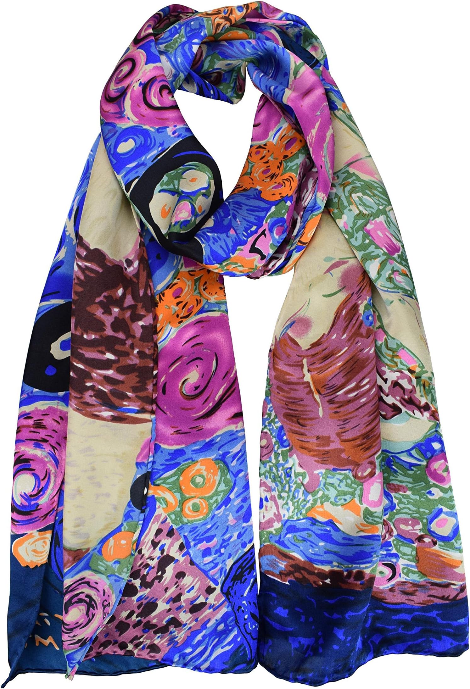 ElegnaWomen 100% Silk Art Collection Scarves Long Shawl Hand Rolled Edge