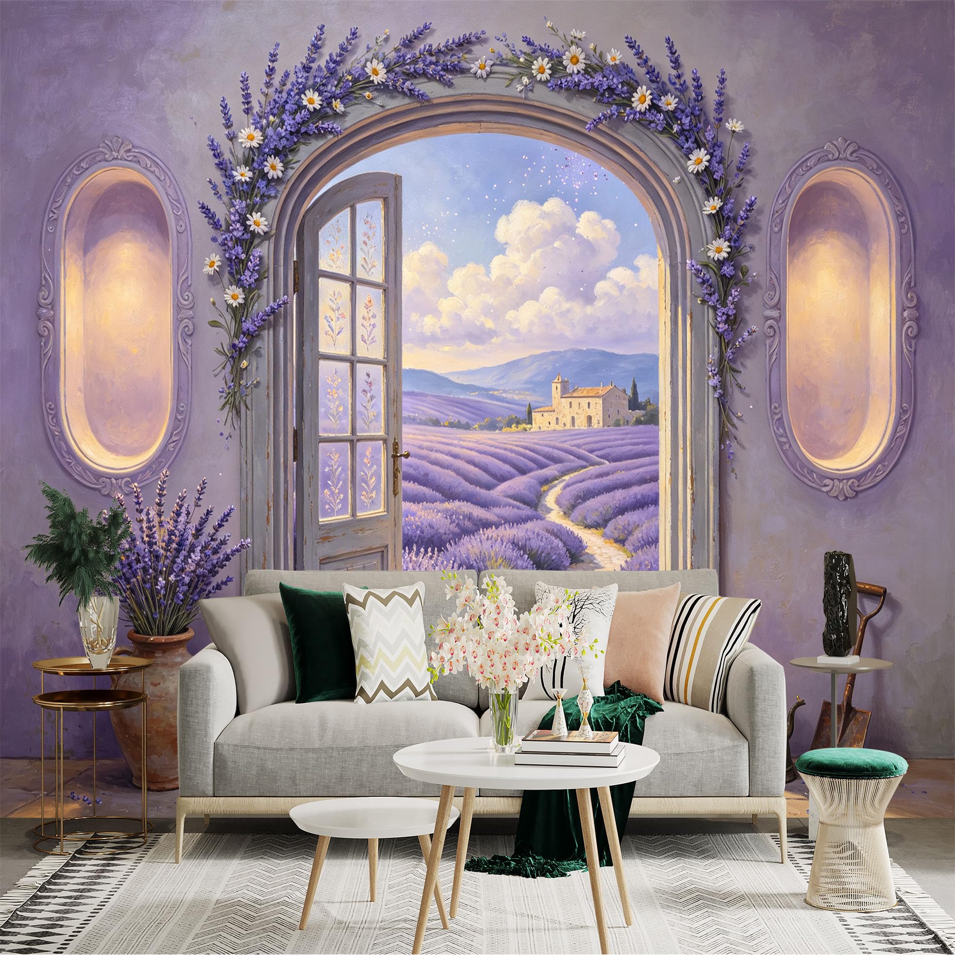 Custom Size Wall Sticker Mural， Lavender Field with Rustic Doorway， Purple Flowers and Countryside Path， for wall Decoration， peelandstick wall Decals.
